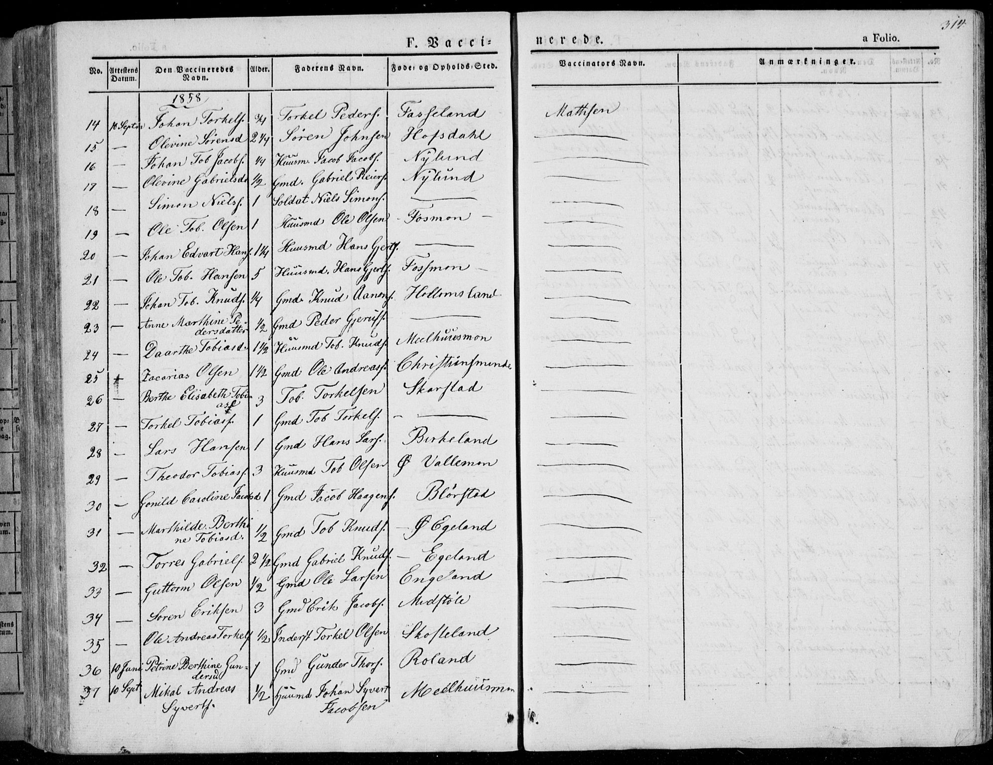 Sør-Audnedal sokneprestkontor, SAK/1111-0039/F/Fa/Fab/L0006: Parish register (official) no. A 6, 1829-1855, p. 314