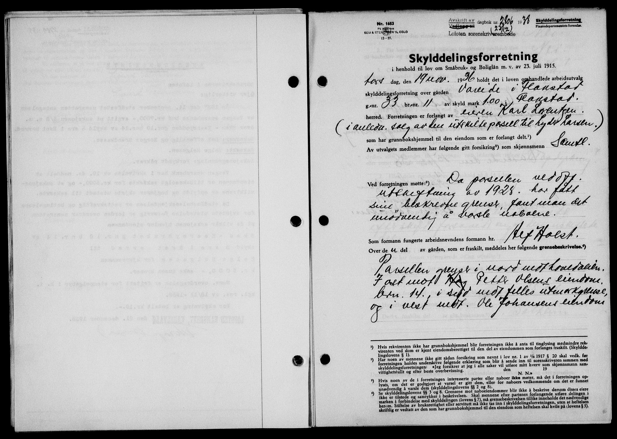 Lofoten sorenskriveri, SAT/A-0017/1/2/2C/L0005a: Mortgage book no. 5a, 1939-1939, Diary no: : 2806/1938