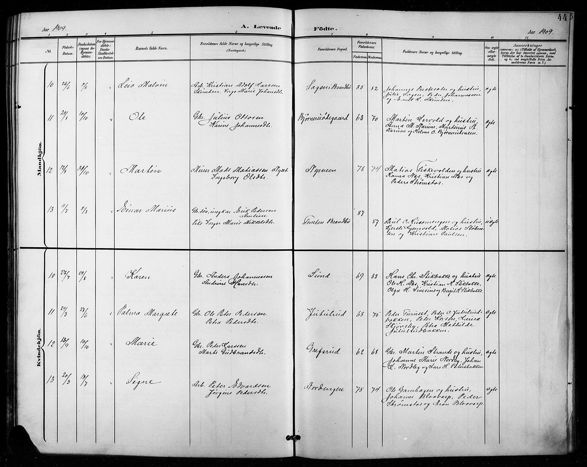 Vestre Toten prestekontor, SAH/PREST-108/H/Ha/Hab/L0016: Parish register (copy) no. 16, 1901-1915, p. 44
