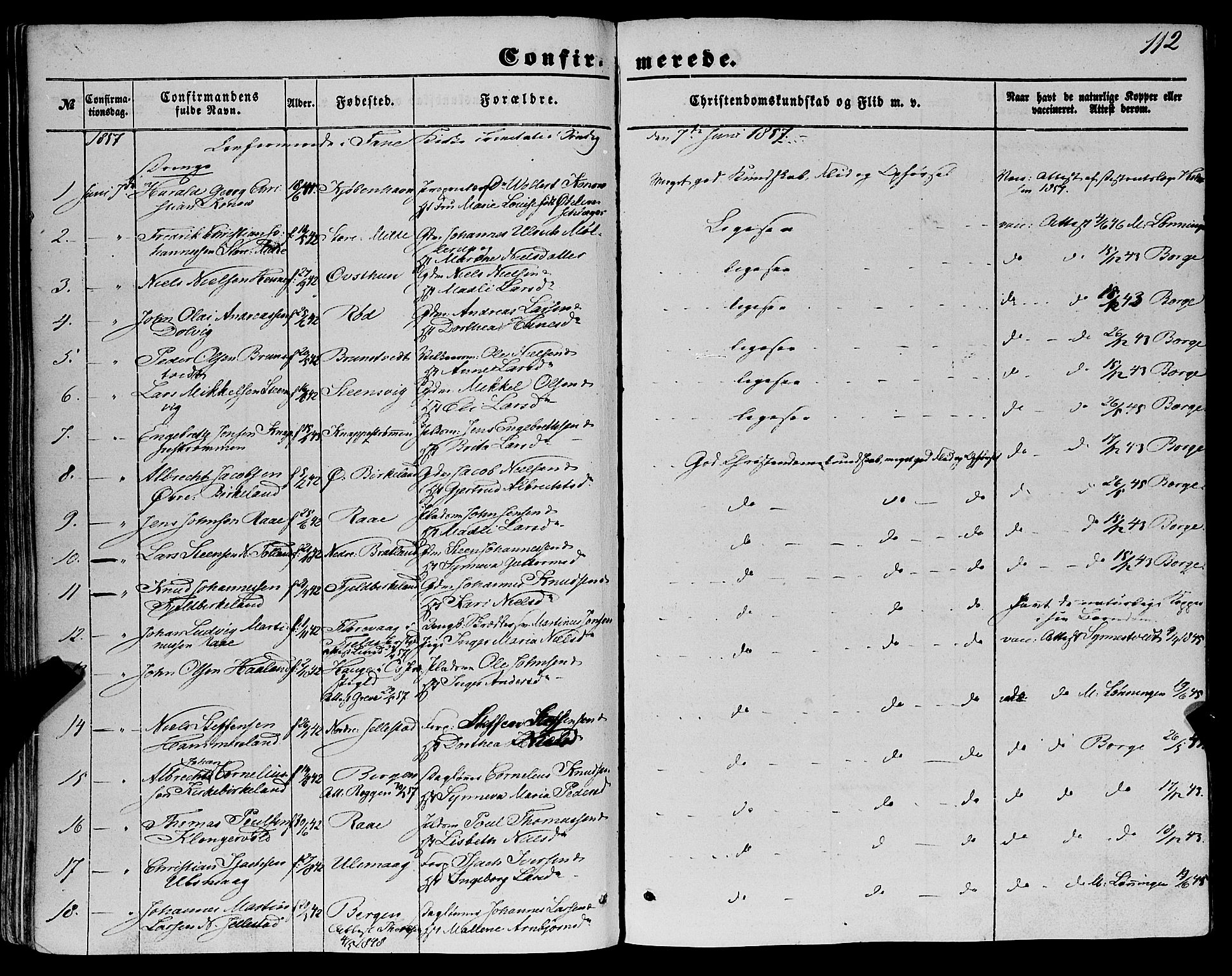 Fana Sokneprestembete, SAB/A-75101/H/Haa/Haaa/L0011: Parish register (official) no. A 11, 1851-1862, p. 112