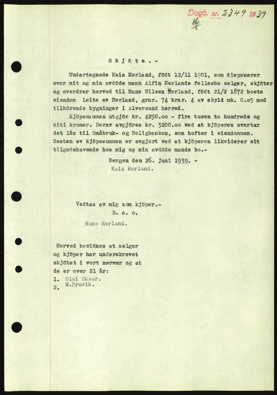 Nordhordland sorenskrivar, SAB/A-2901/1/G/Gb/Gbf/L0010: Mortgage book no. A10, 1939-1940, Diary no: : 2349/1939