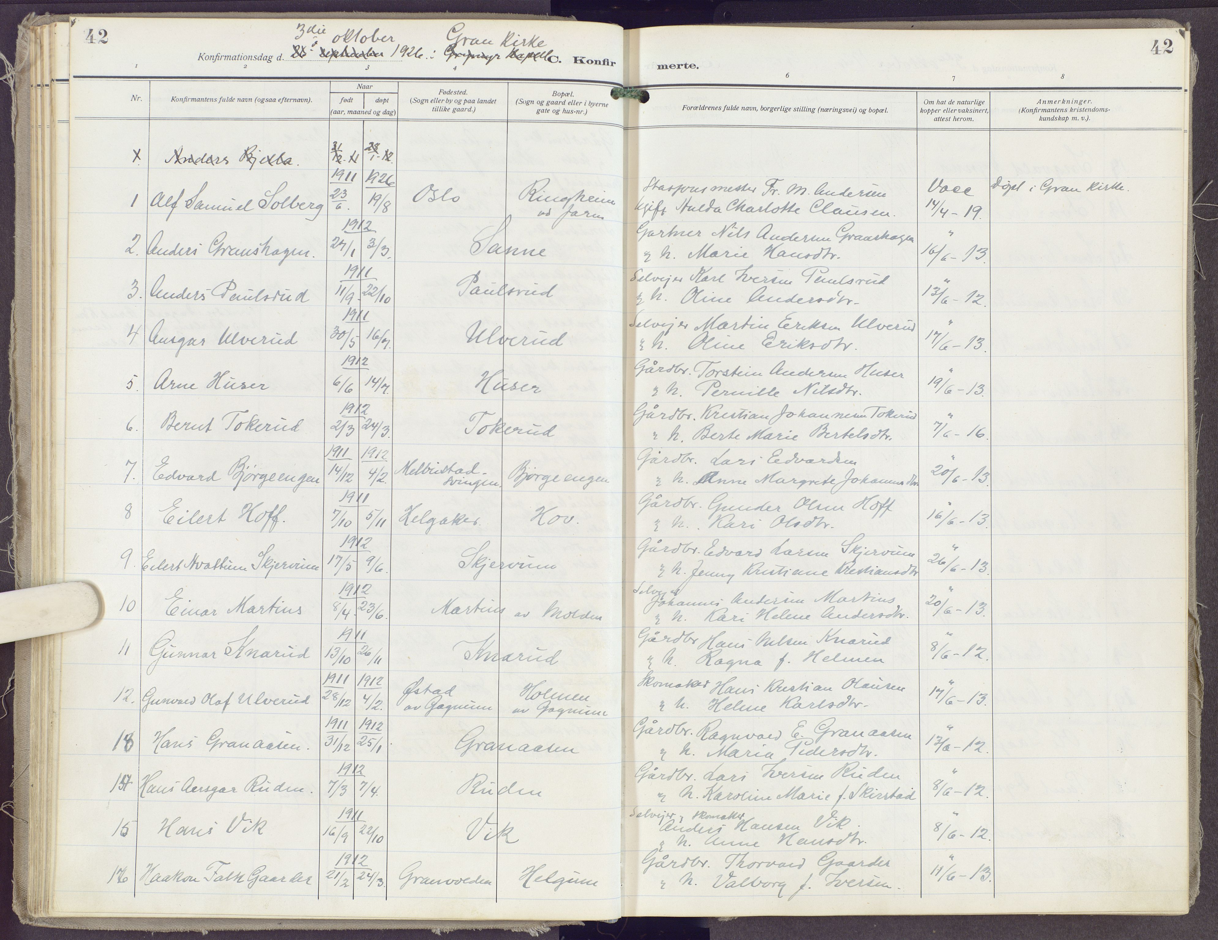 Gran prestekontor, SAH/PREST-112/H/Ha/Haa/L0023: Parish register (official) no. 23, 1919-1938, p. 42