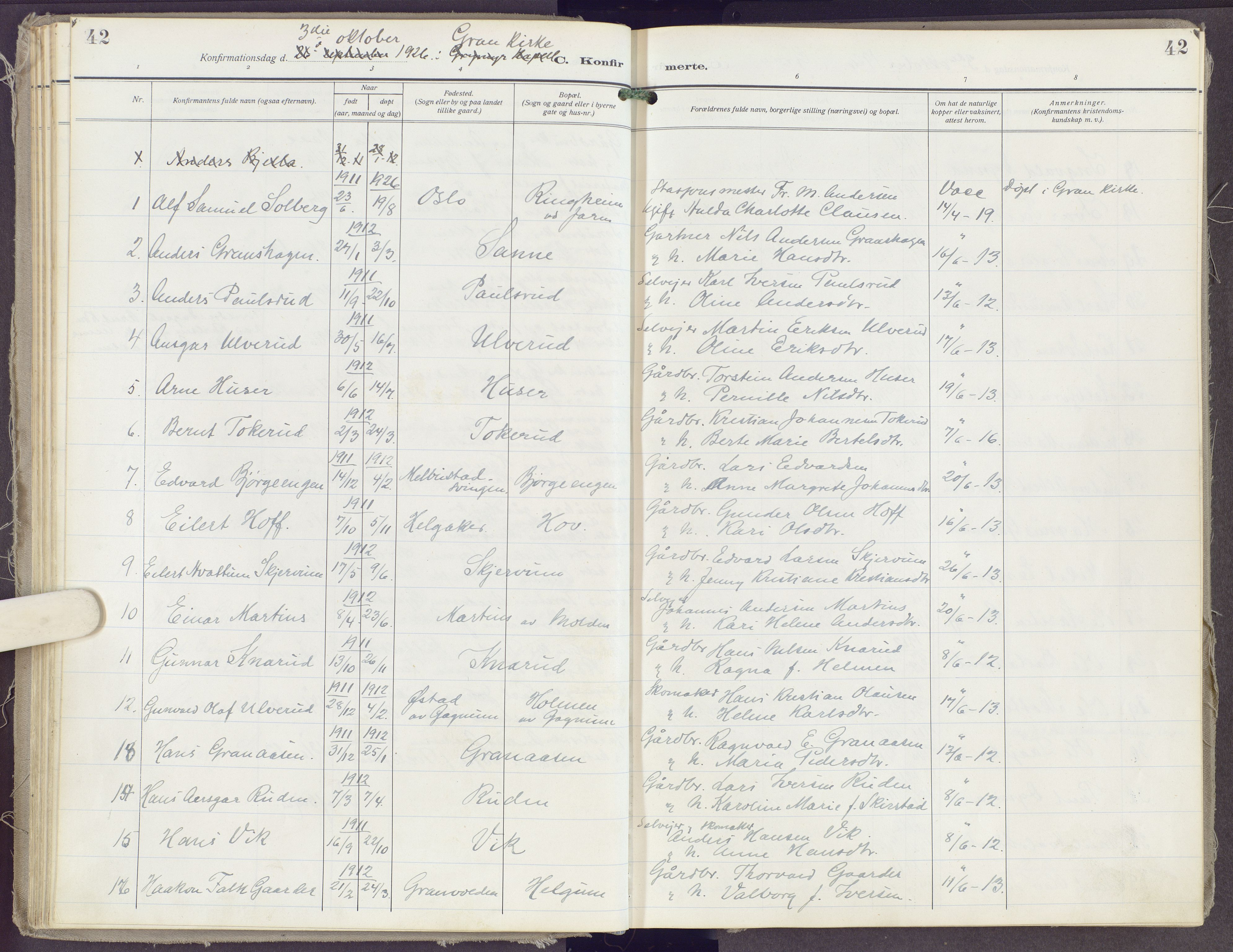 Gran prestekontor, AV/SAH-PREST-112/H/Ha/Haa/L0023: Parish register (official) no. 23, 1919-1938, p. 42
