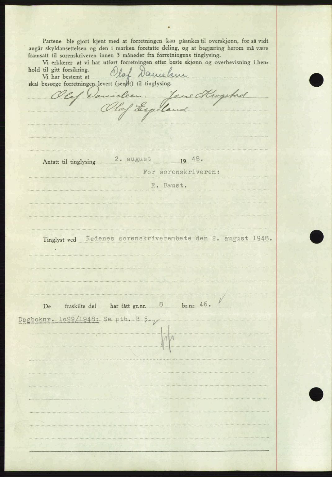 Nedenes sorenskriveri, SAK/1221-0006/G/Gb/Gba/L0059: Mortgage book no. A11, 1948-1948, Diary no: : 1098/1948