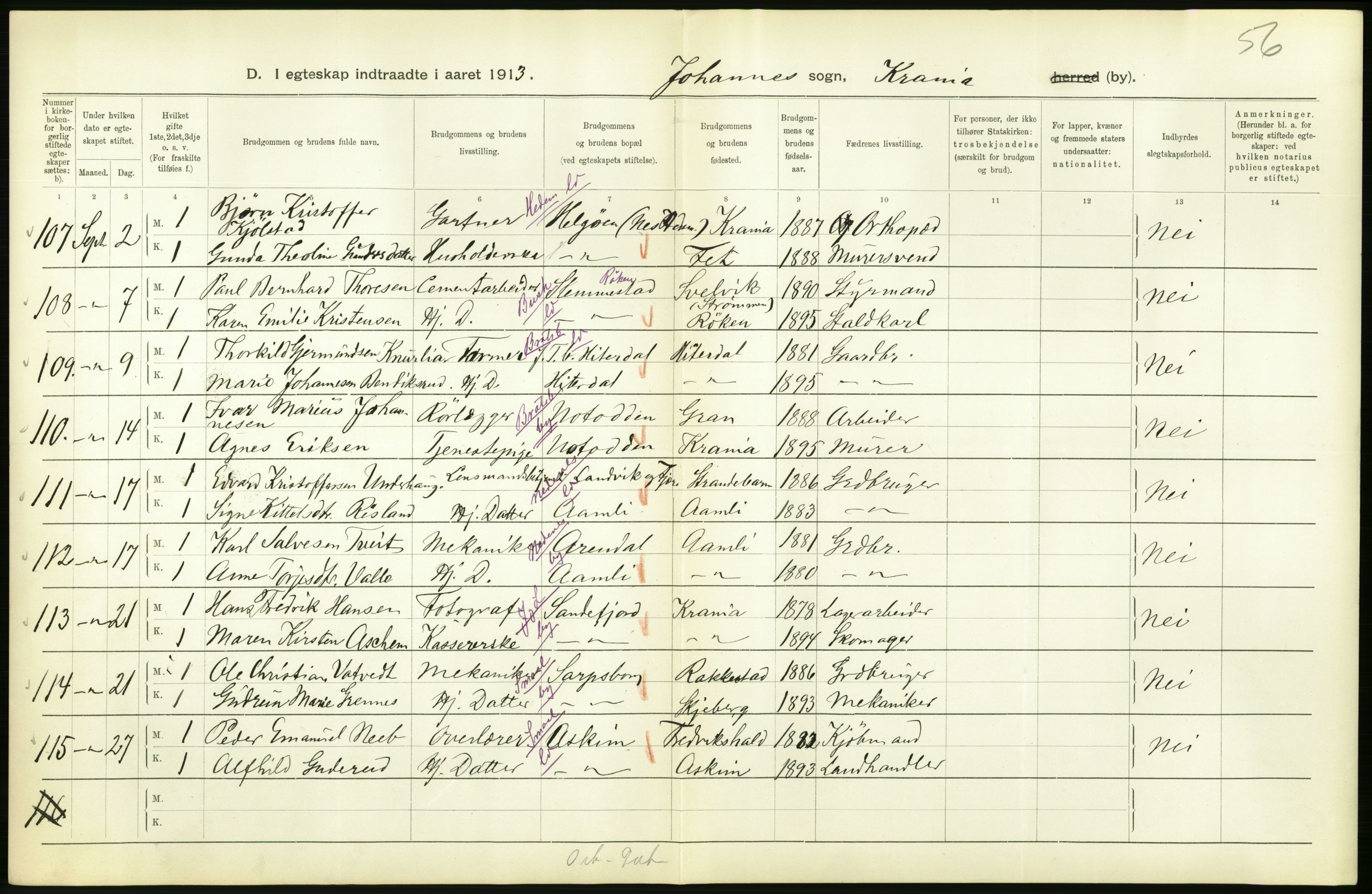 Statistisk sentralbyrå, Sosiodemografiske emner, Befolkning, AV/RA-S-2228/D/Df/Dfb/Dfbc/L0008: Kristiania: Gifte., 1913, p. 728