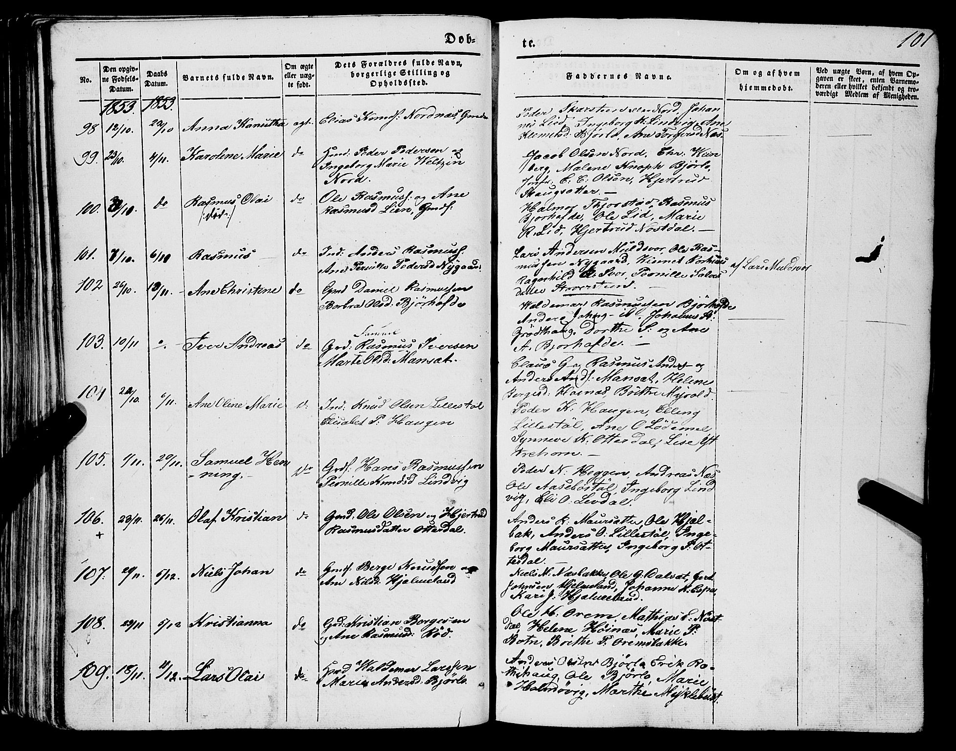 Eid sokneprestembete, AV/SAB-A-82301/H/Haa/Haaa/L0007: Parish register (official) no. A 7, 1844-1858, p. 101