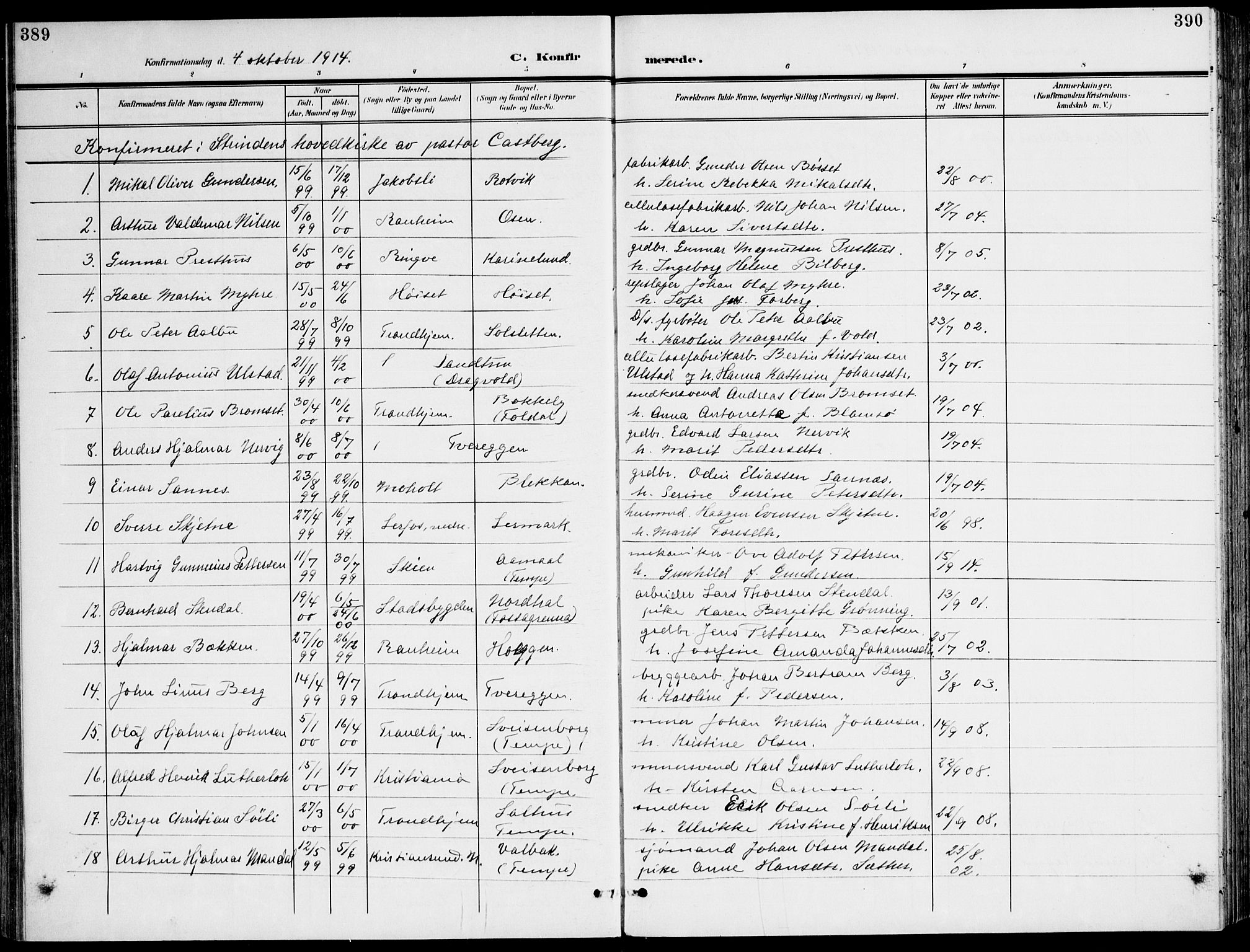 Ministerialprotokoller, klokkerbøker og fødselsregistre - Sør-Trøndelag, AV/SAT-A-1456/607/L0320: Parish register (official) no. 607A04, 1907-1915, p. 389-390