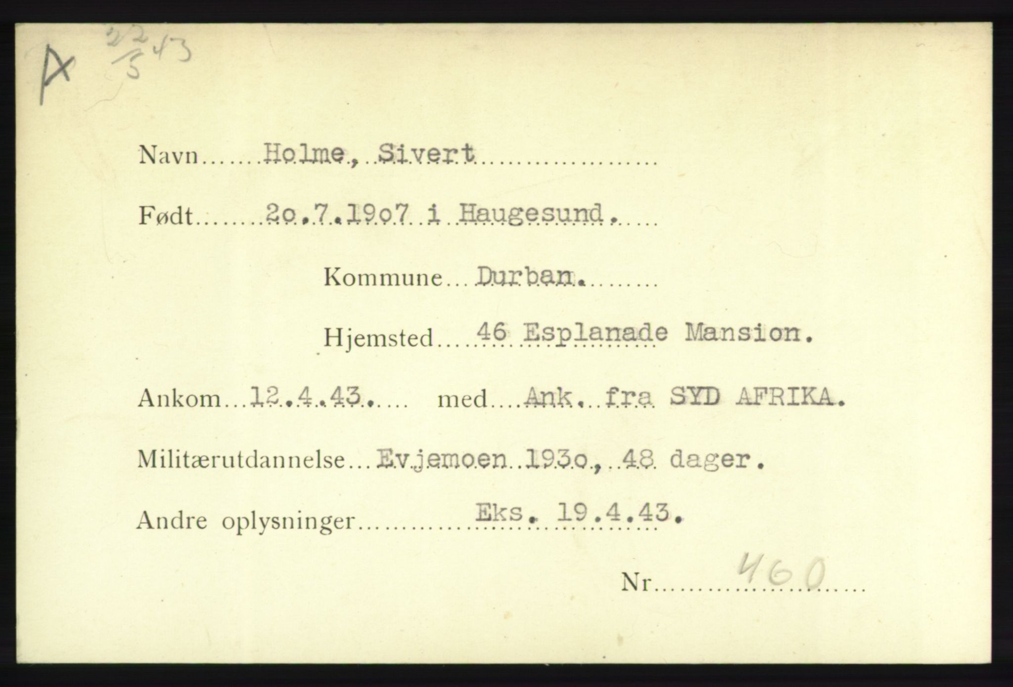 Forsvarets Overkommando. 2. kontor. Arkiv 8.1. Mottakersentralen FDE og FO.II, AV/RA-RAFA-6952/P/Pa/L0009: Holme - Jensrud , 1940-1945, p. 2