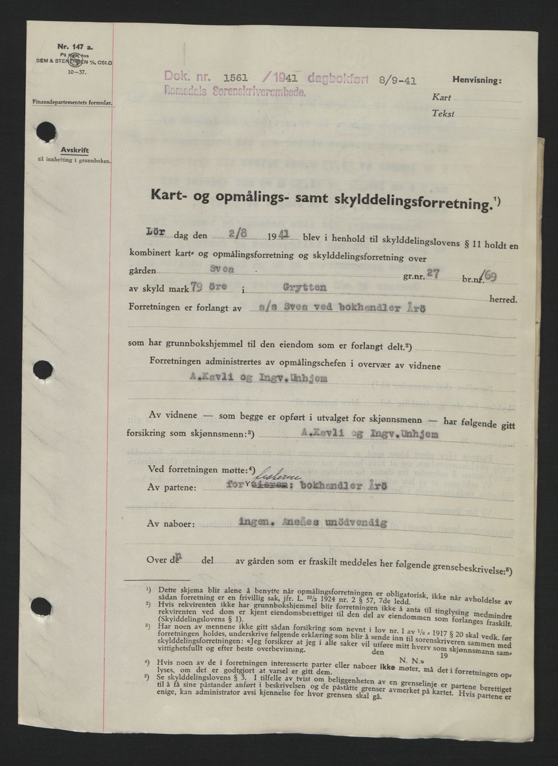 Romsdal sorenskriveri, AV/SAT-A-4149/1/2/2C: Mortgage book no. A10, 1941-1941, Diary no: : 1561/1941