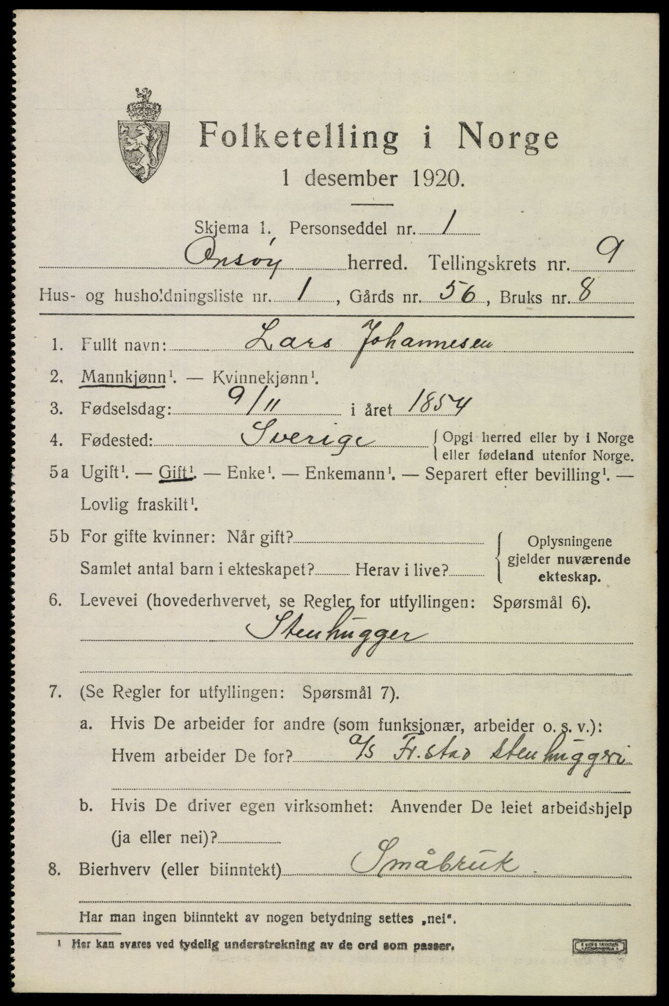 SAO, 1920 census for Onsøy, 1920, p. 12464