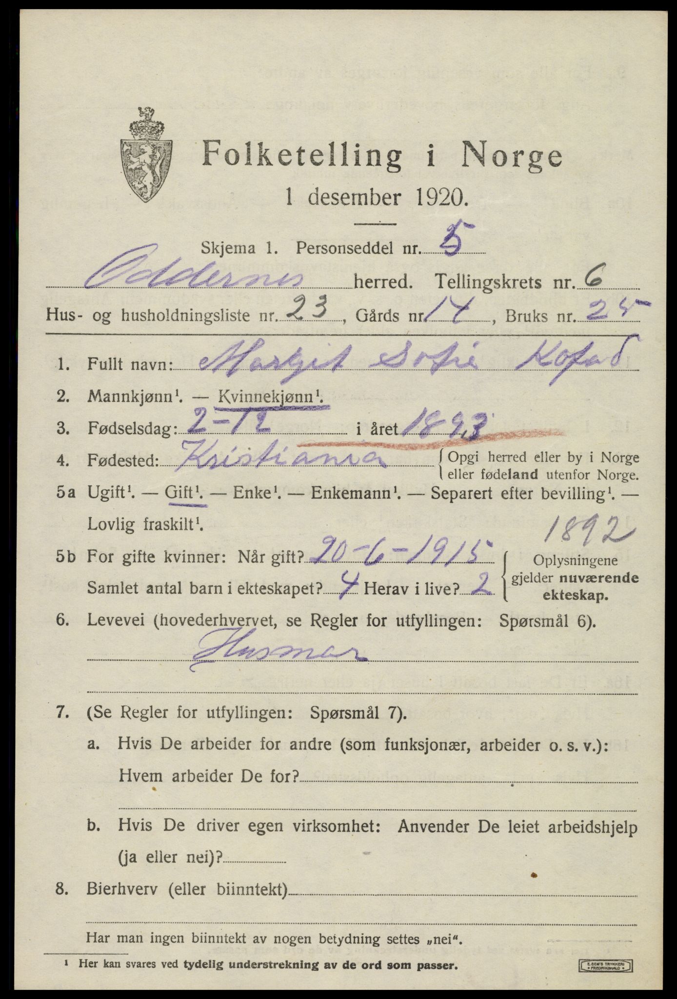 SAK, 1920 census for Oddernes, 1920, p. 5169