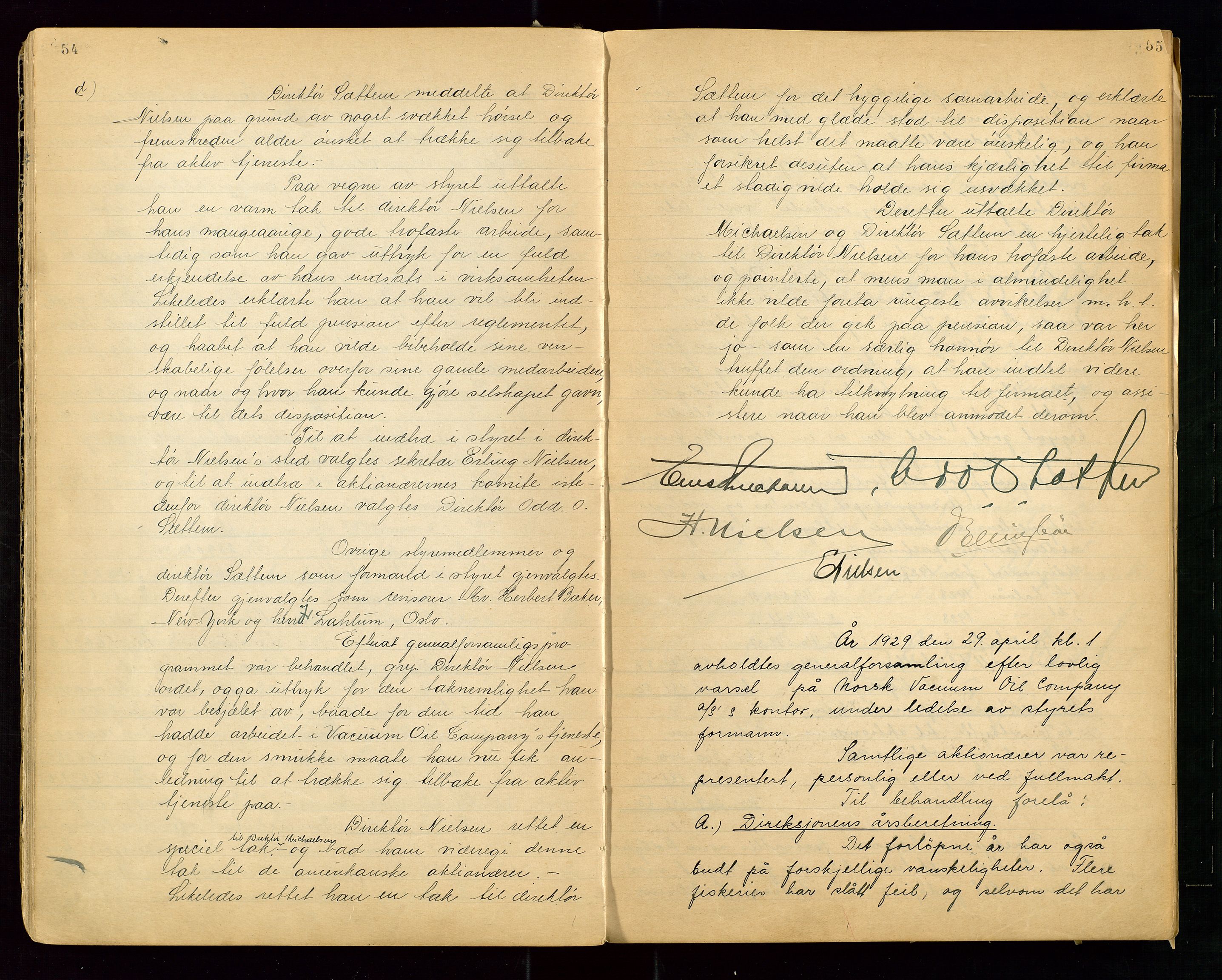 PA 1513 - Norsk Vacuum Oil Company A/S, SAST/A-101918/A/L0001: "Generalforsamlings og styreprotokoll" fra 27/4-1918 til 6/4-1949, 1918-1949, p. 54-55
