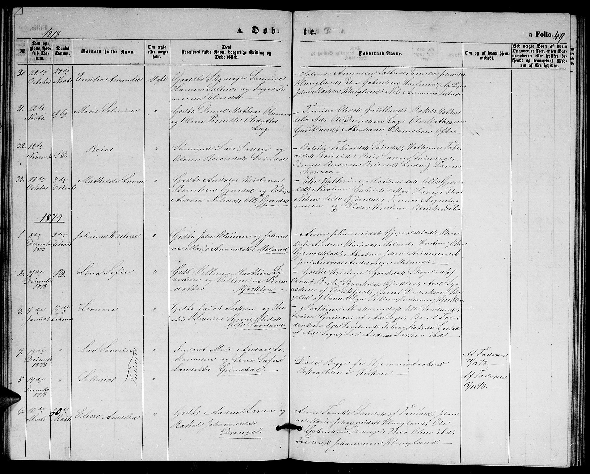 Herad sokneprestkontor, AV/SAK-1111-0018/F/Fb/Fba/L0003: Parish register (copy) no. B 3, 1863-1883, p. 49