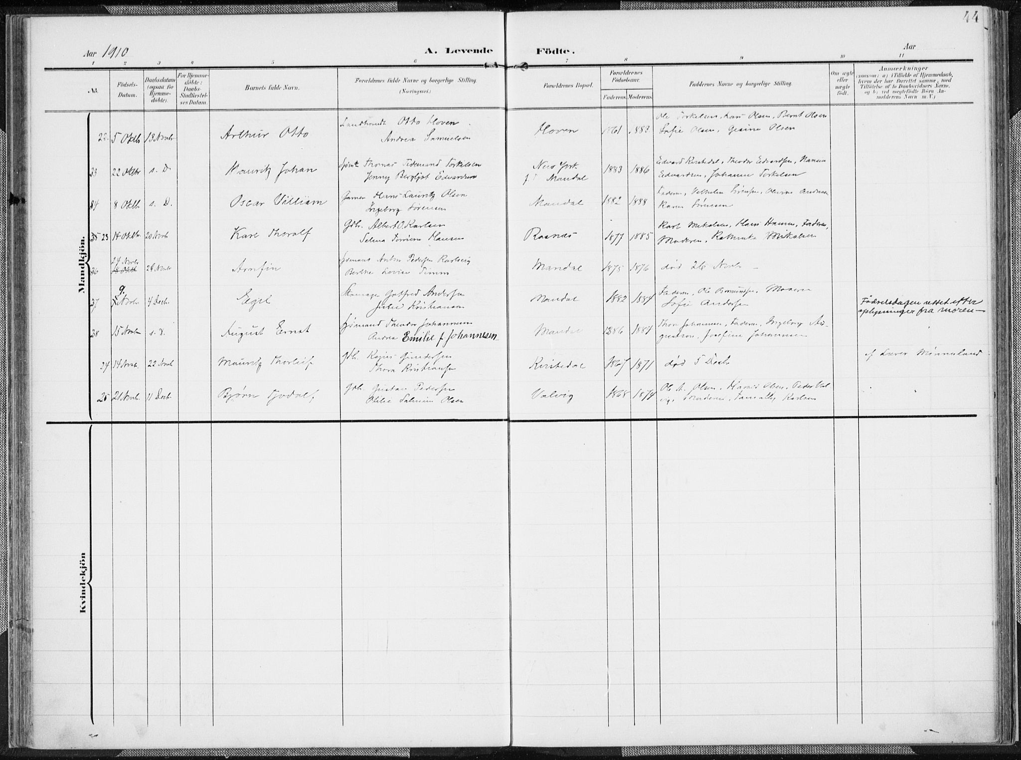 Mandal sokneprestkontor, SAK/1111-0030/F/Fa/Faa/L0020: Parish register (official) no. A 20, 1906-1912, p. 44