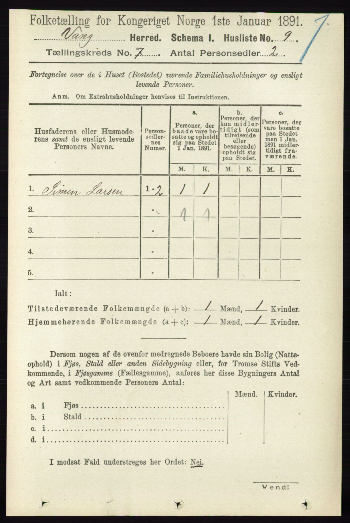 RA, 1891 census for 0414 Vang, 1891, p. 4928