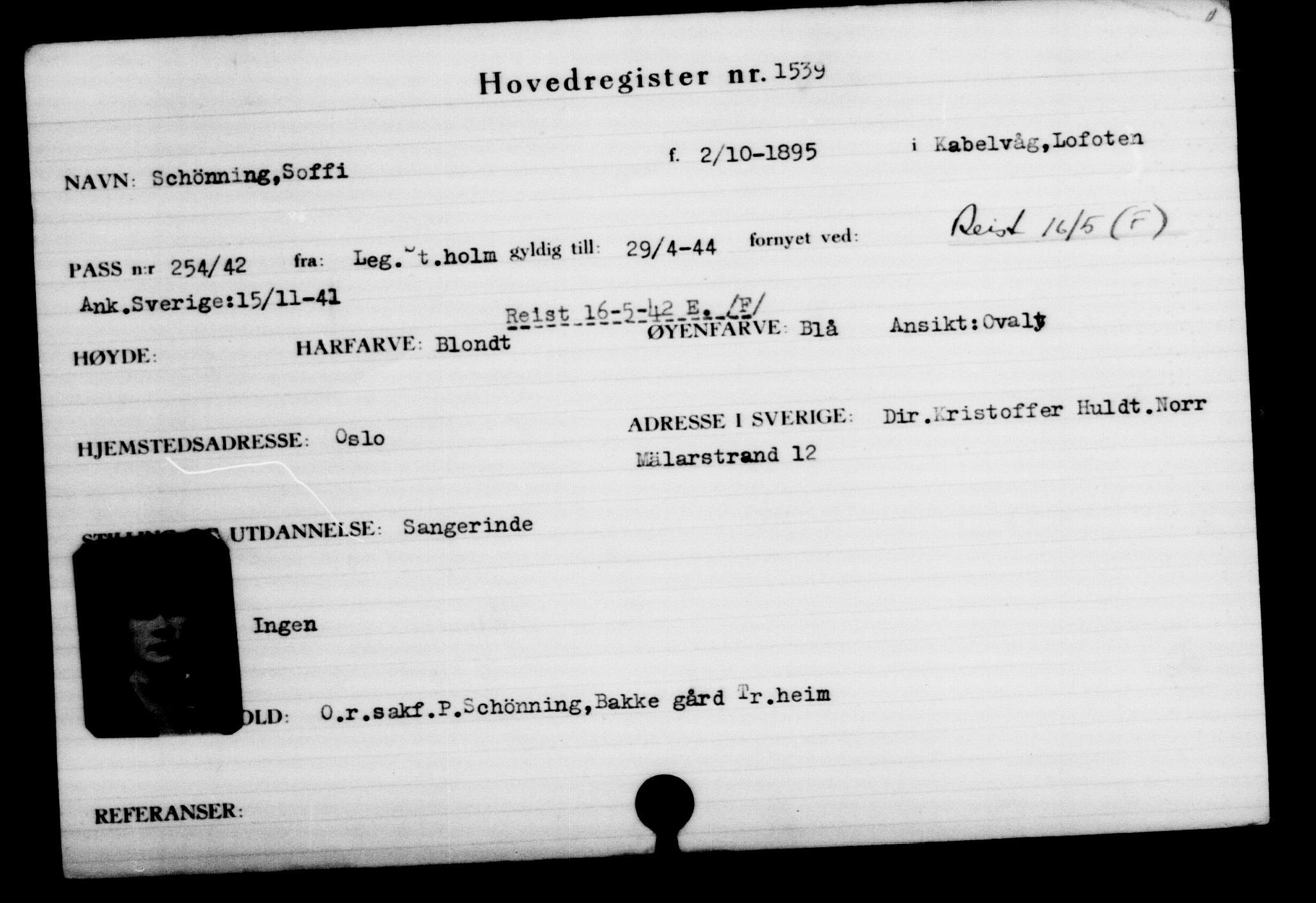 Utenriksstasjonene, Legasjonen i Stockholm, Flyktningkontoret, AV/RA-S-6753/V/Va/L0002: Kjesäterkartoteket, flyktninger med registreringsnr. 1001-2000, 1940-1945, p. 765