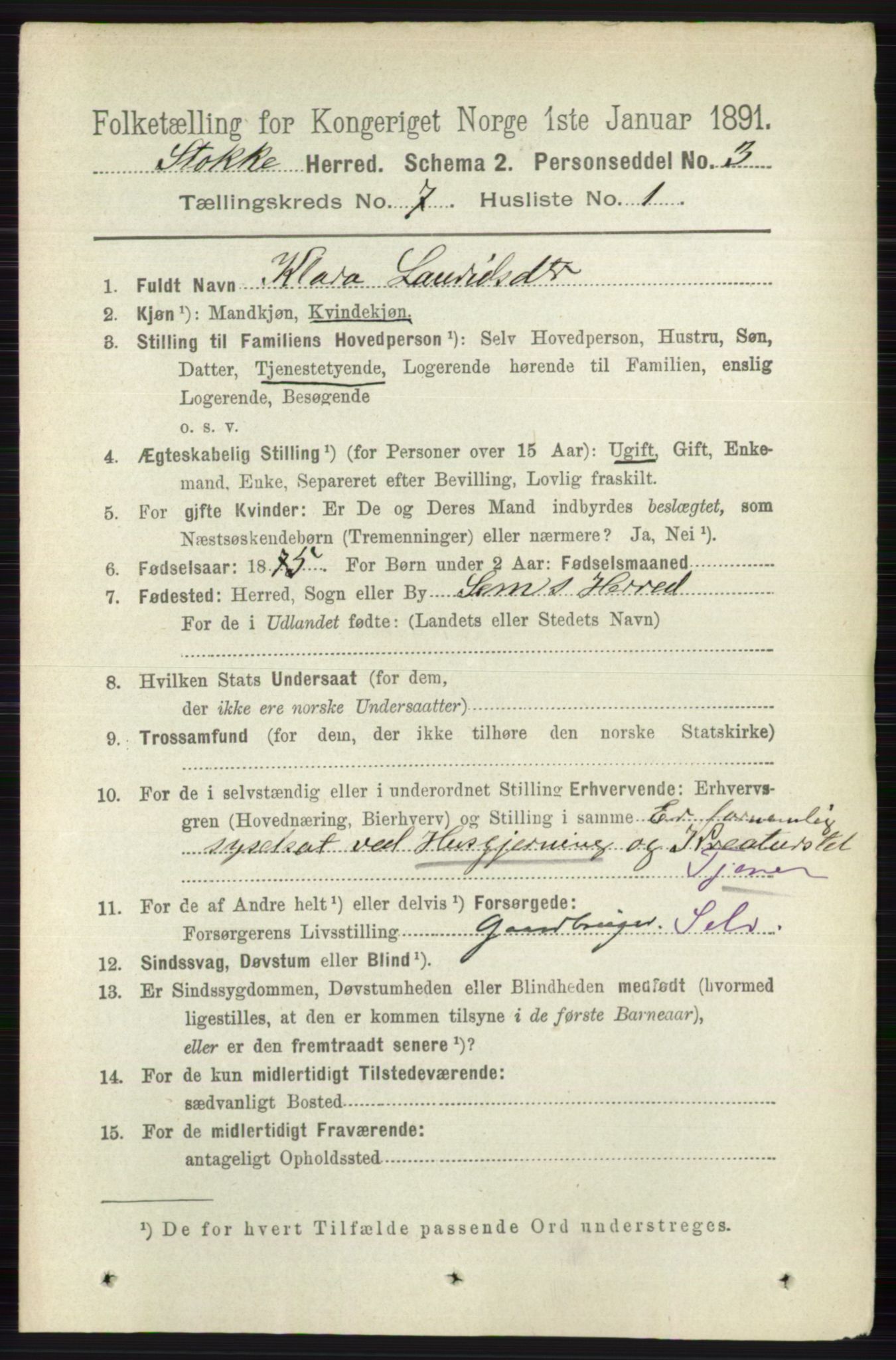 RA, 1891 census for 0720 Stokke, 1891, p. 4574