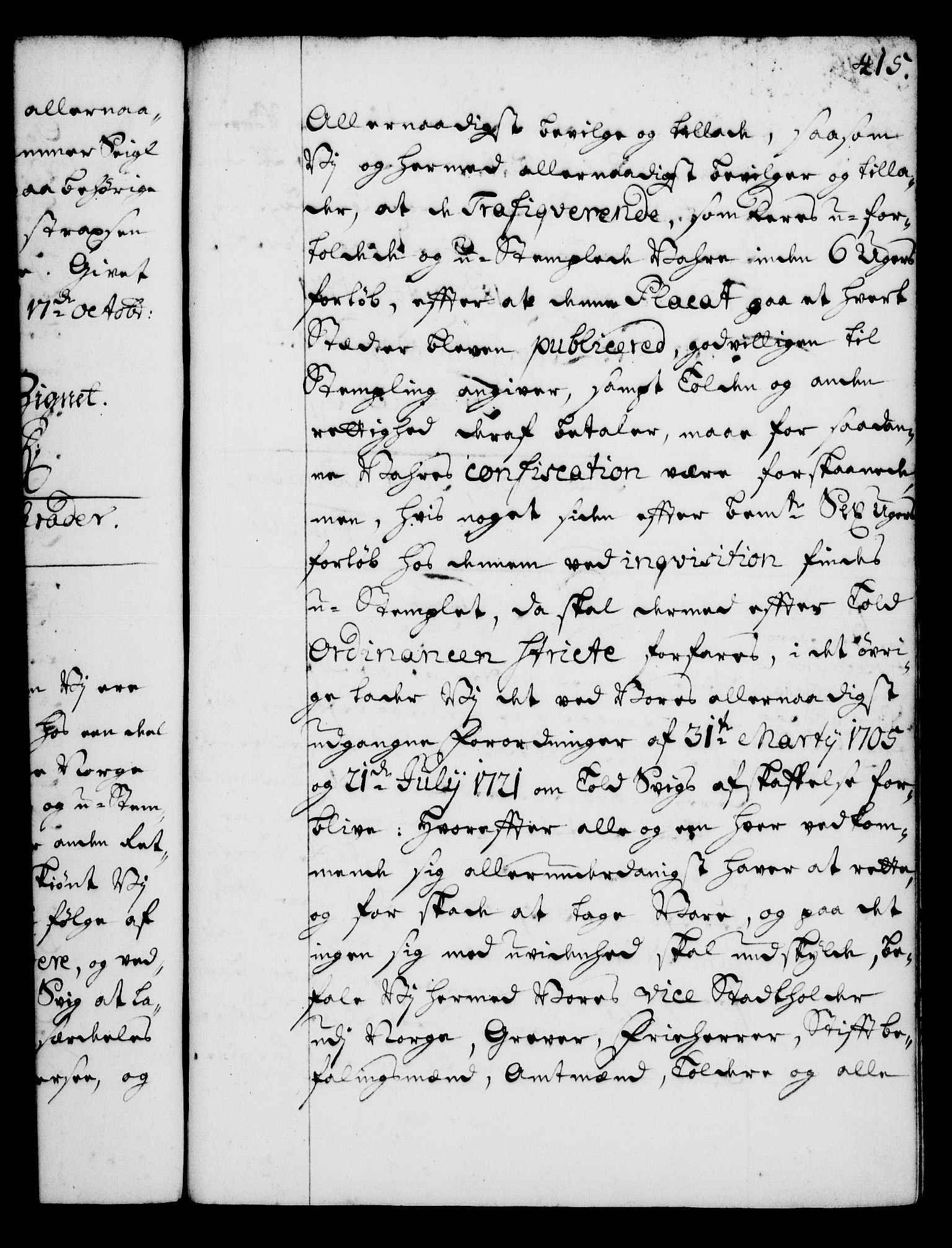 Rentekammeret, Kammerkanselliet, RA/EA-3111/G/Gg/Gga/L0001: Norsk ekspedisjonsprotokoll med register (merket RK 53.1), 1720-1723, p. 415