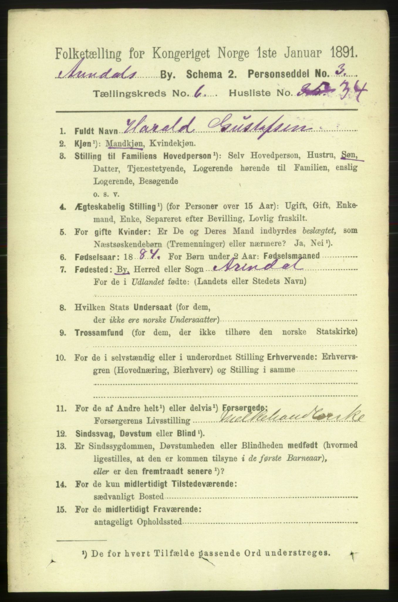 RA, 1891 census for 0903 Arendal, 1891, p. 2521