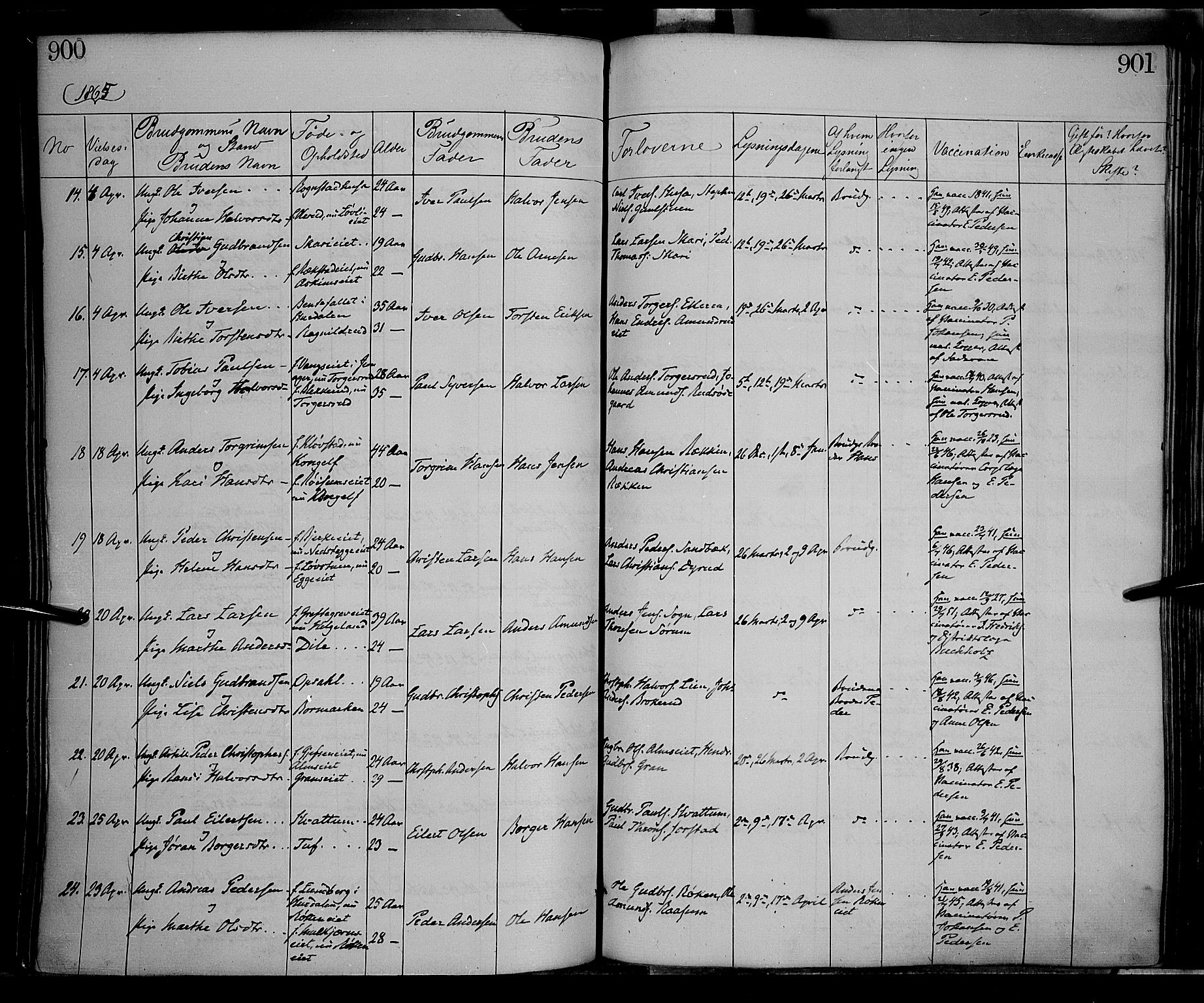Gran prestekontor, SAH/PREST-112/H/Ha/Haa/L0012: Parish register (official) no. 12, 1856-1874, p. 900-901