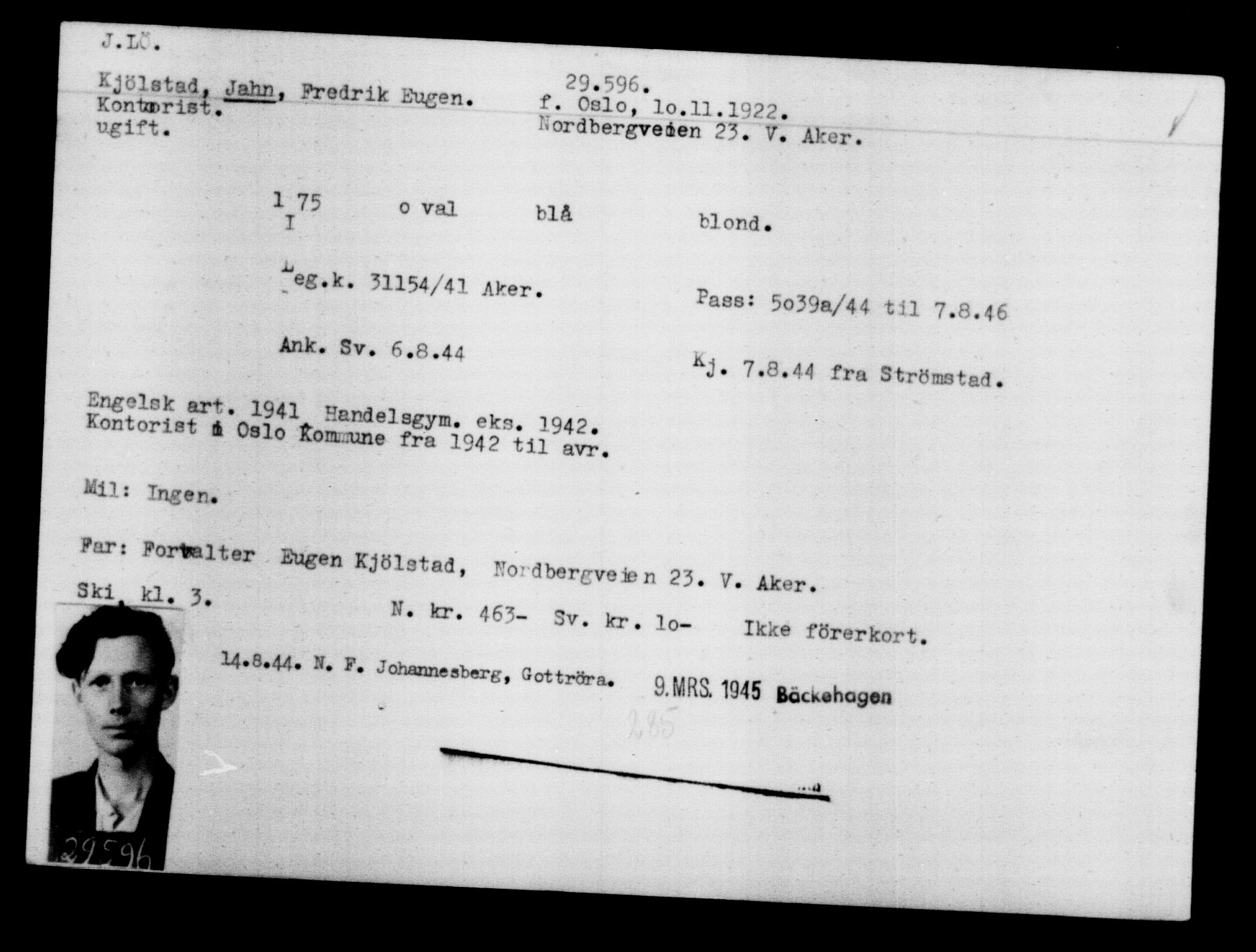 Utenriksstasjonene, Legasjonen i Stockholm, Flyktningkontoret, AV/RA-S-6753/V/Va/L0012: Kjesäterkartoteket, flyktninger med registreringsnr. 28300-31566, 1940-1945, p. 1423