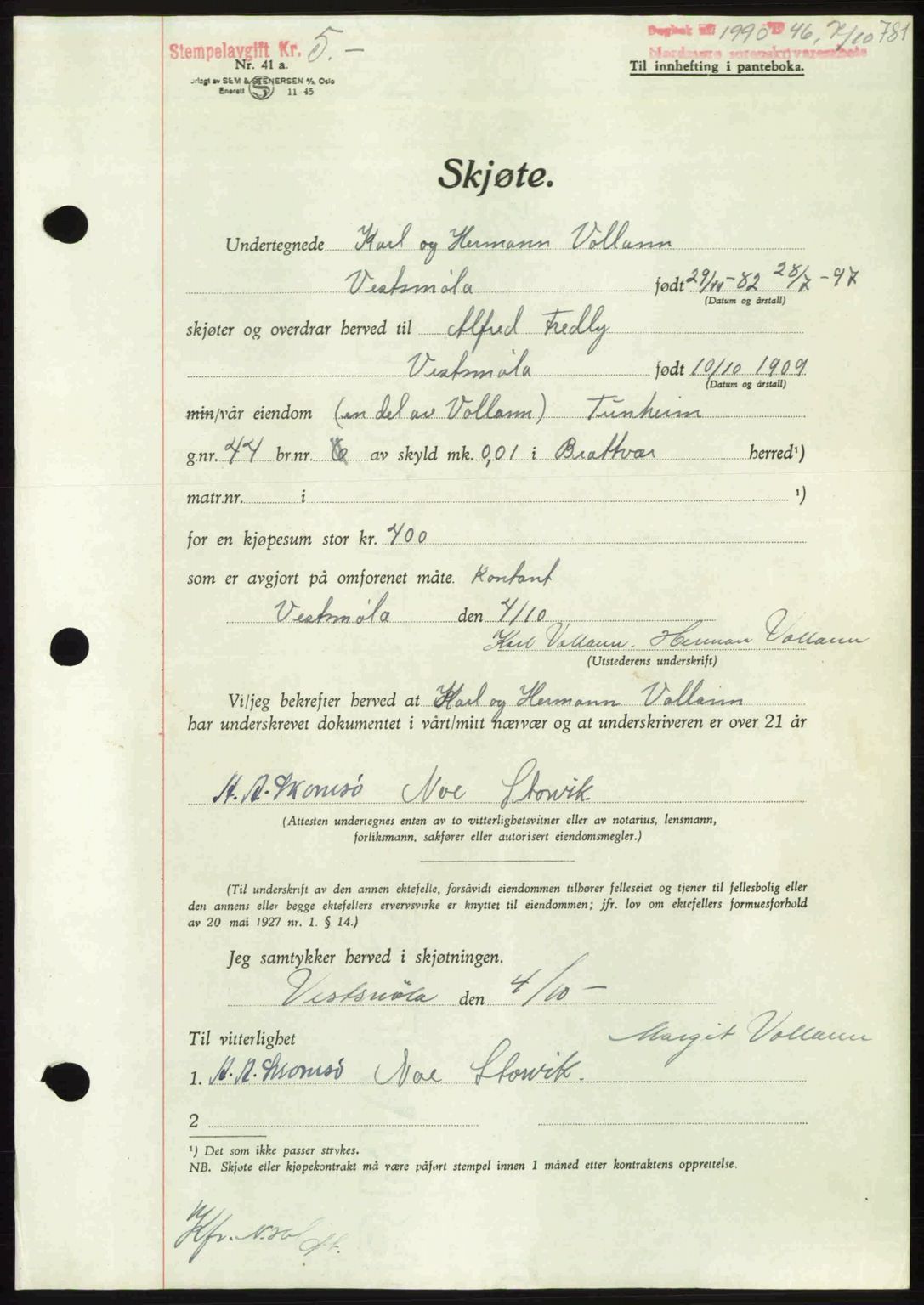 Nordmøre sorenskriveri, AV/SAT-A-4132/1/2/2Ca: Mortgage book no. A102, 1946-1946, Diary no: : 1990/1946