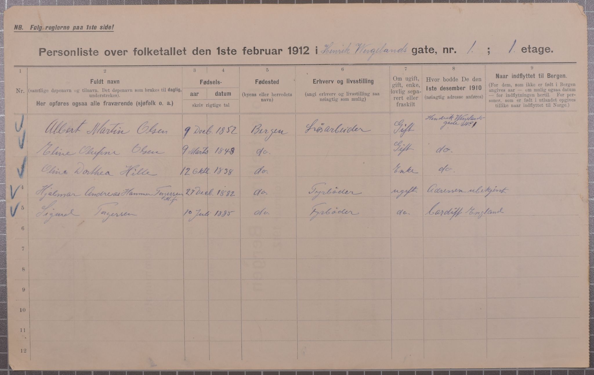 SAB, Municipal Census 1912 for Bergen, 1912, p. 2247