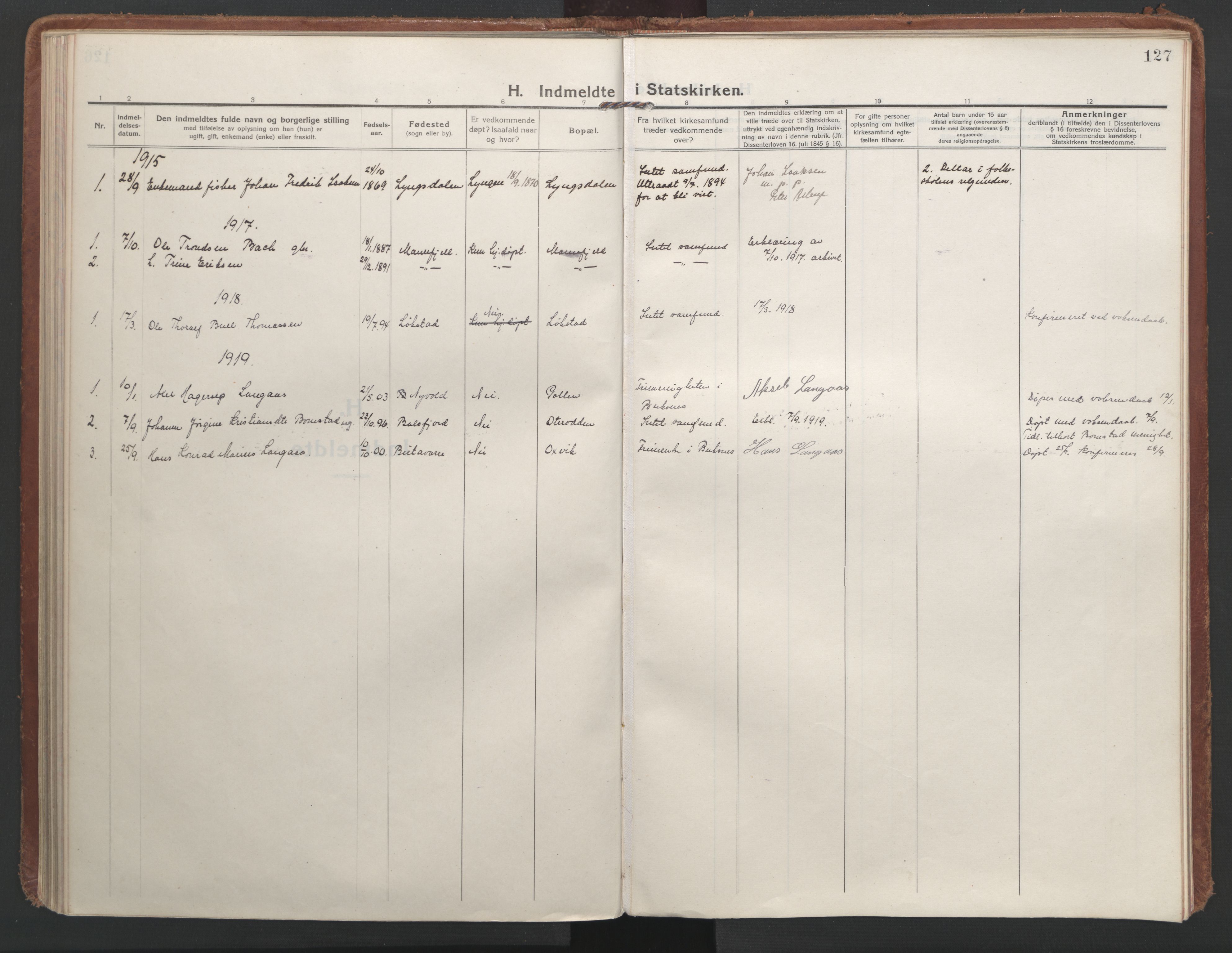 Lyngen sokneprestembete, AV/SATØ-S-1289/H/He/Hea/L0013kirke: Parish register (official) no. 13, 1914-1923, p. 127