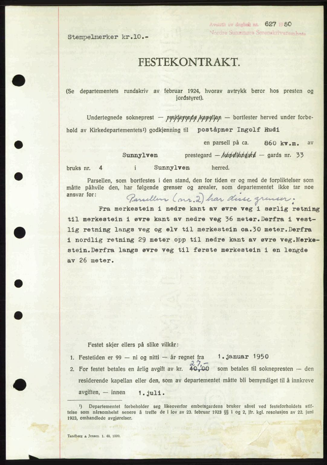 Nordre Sunnmøre sorenskriveri, AV/SAT-A-0006/1/2/2C/2Ca: Mortgage book no. A34, 1950-1950, Diary no: : 627/1950