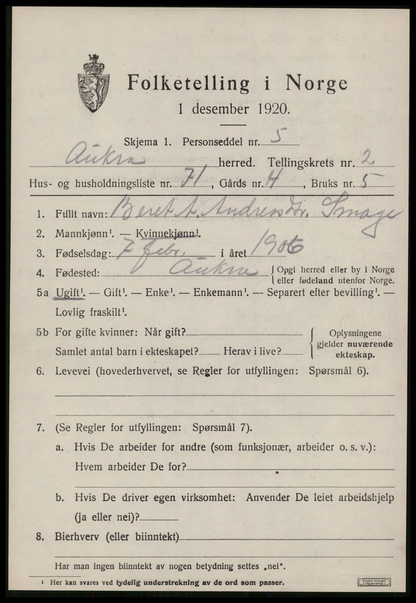 SAT, 1920 census for Aukra, 1920, p. 2481