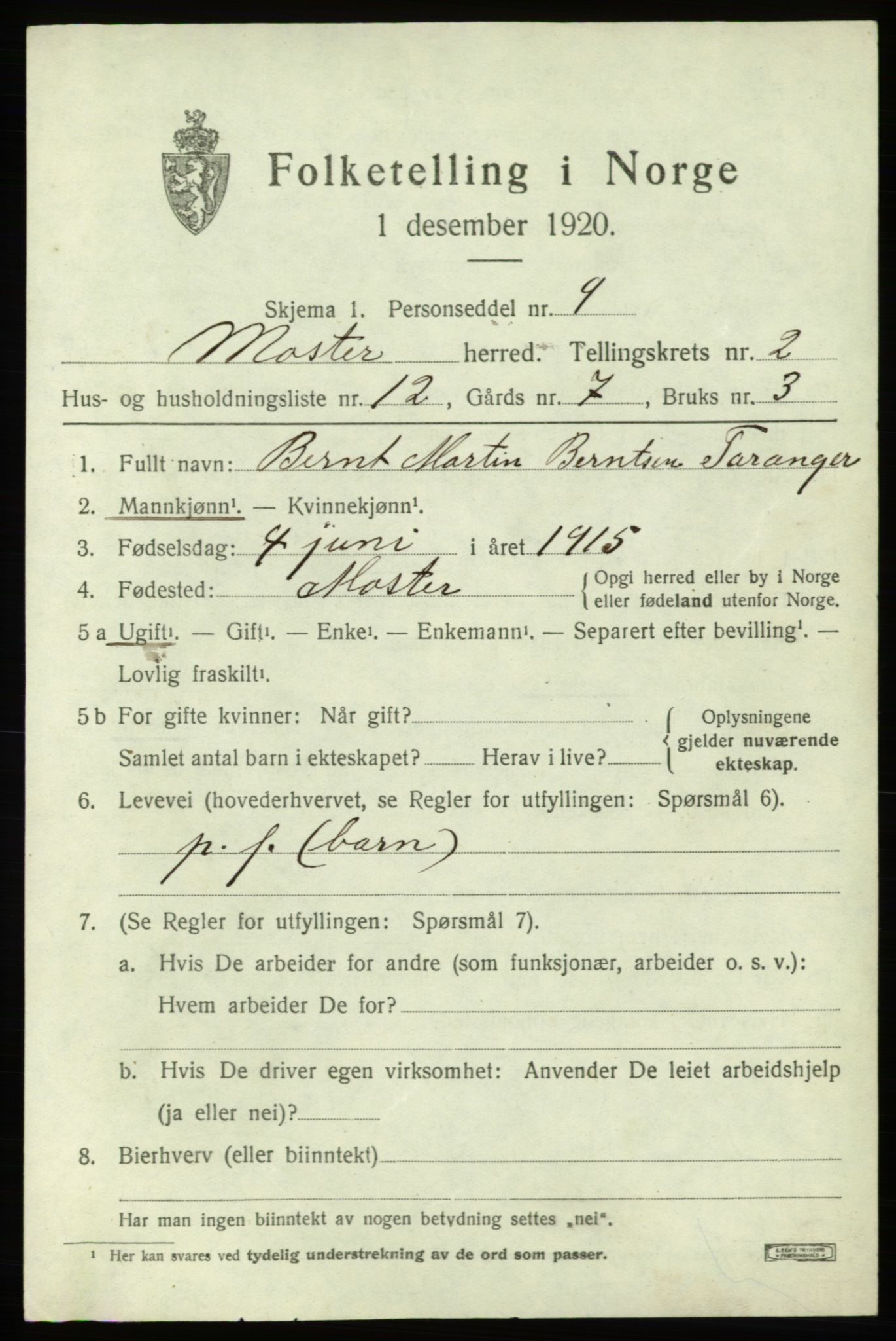 SAB, 1920 census for Moster, 1920, p. 947