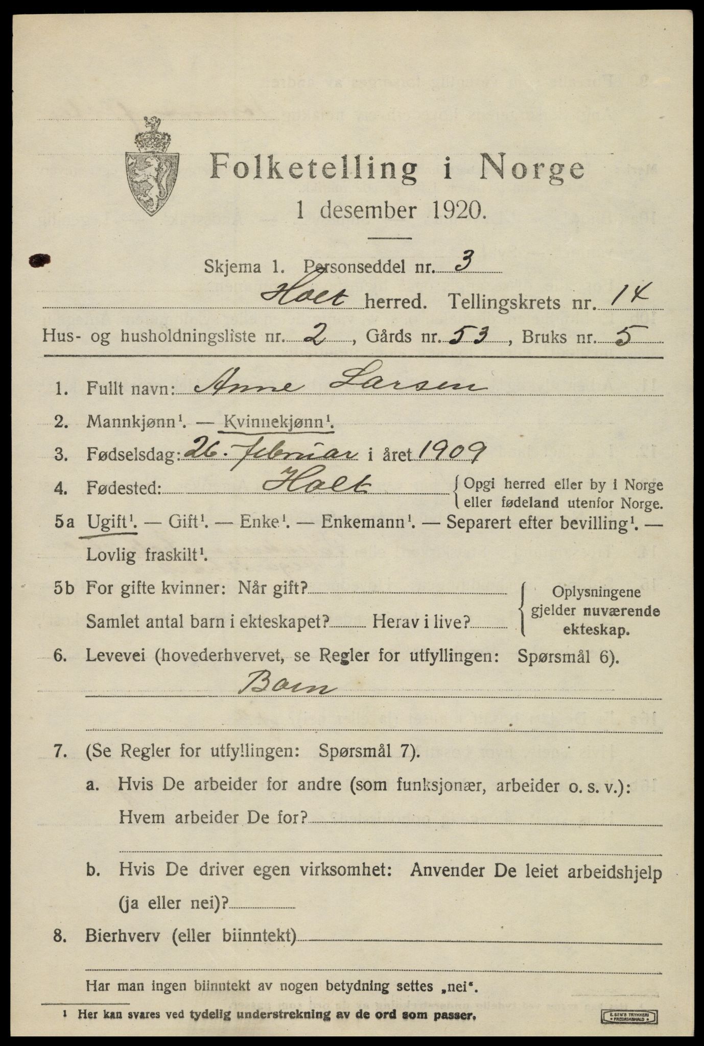 SAK, 1920 census for Holt, 1920, p. 7994