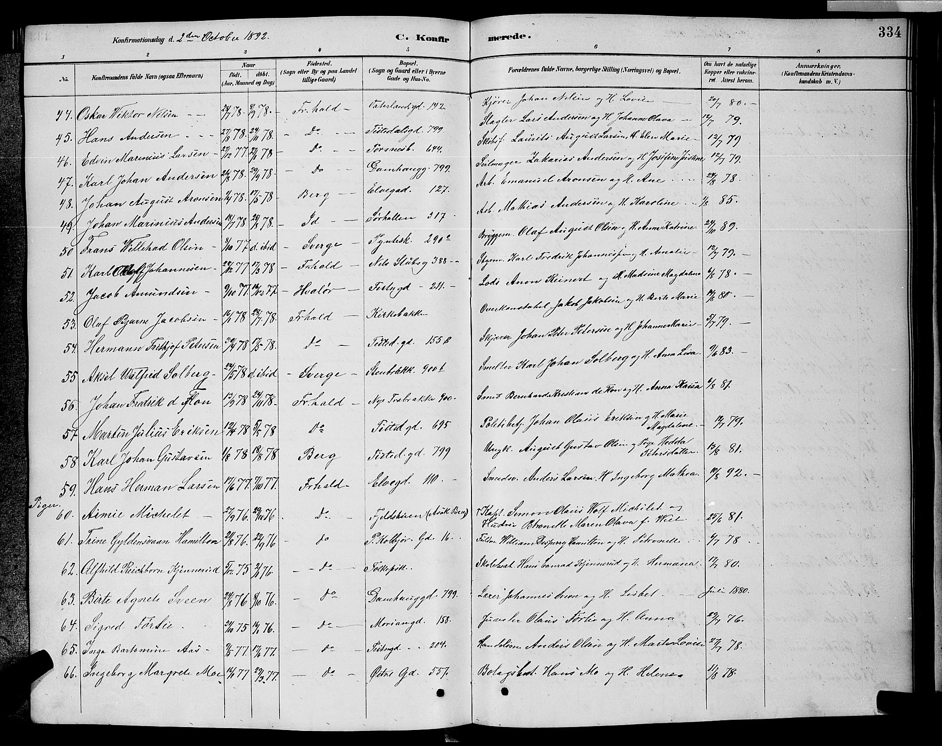 Halden prestekontor Kirkebøker, AV/SAO-A-10909/G/Ga/L0008: Parish register (copy) no. 8, 1885-1899, p. 334