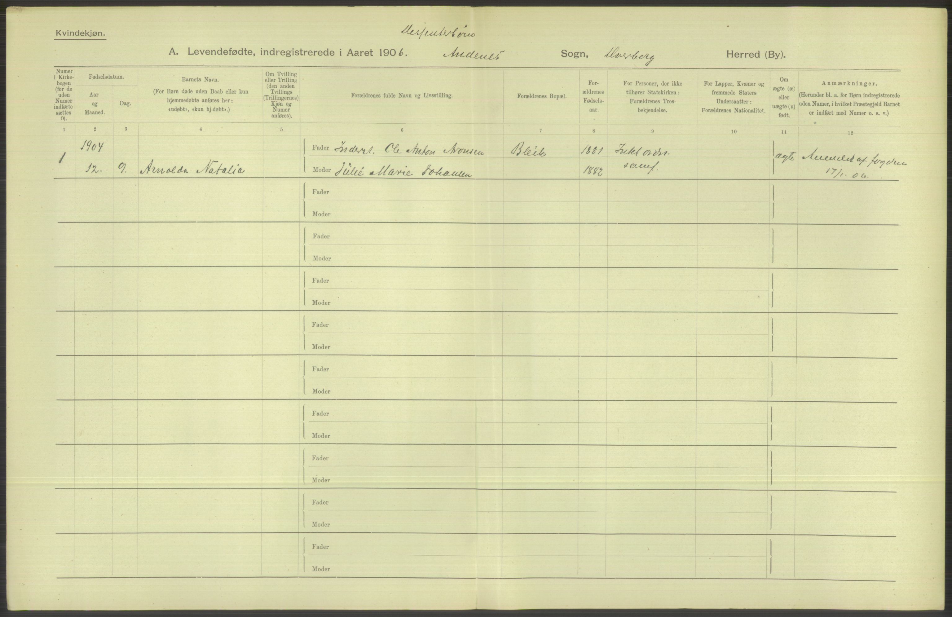 Statistisk sentralbyrå, Sosiodemografiske emner, Befolkning, AV/RA-S-2228/D/Df/Dfa/Dfad/L0044: Nordlands amt: Levendefødte menn og kvinner. Bygder., 1906, p. 24