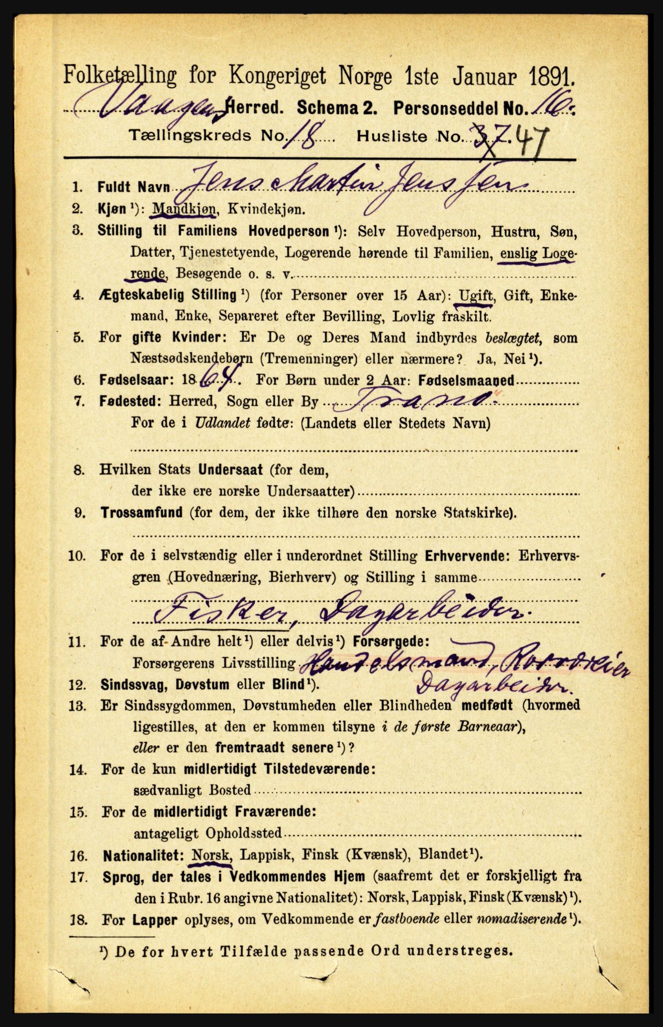 RA, 1891 census for 1865 Vågan, 1891, p. 5430