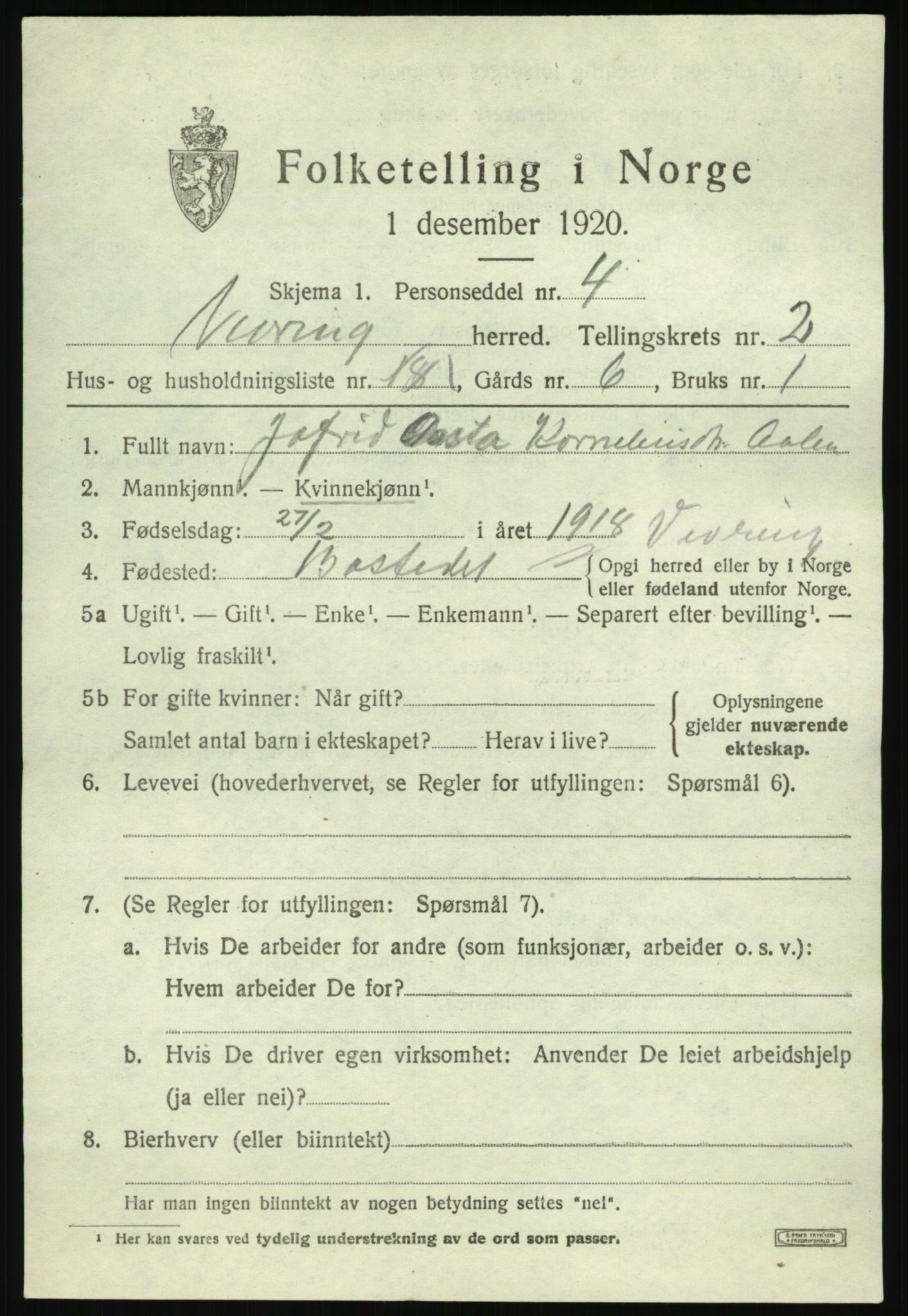 SAB, 1920 census for Vevring, 1920, p. 682