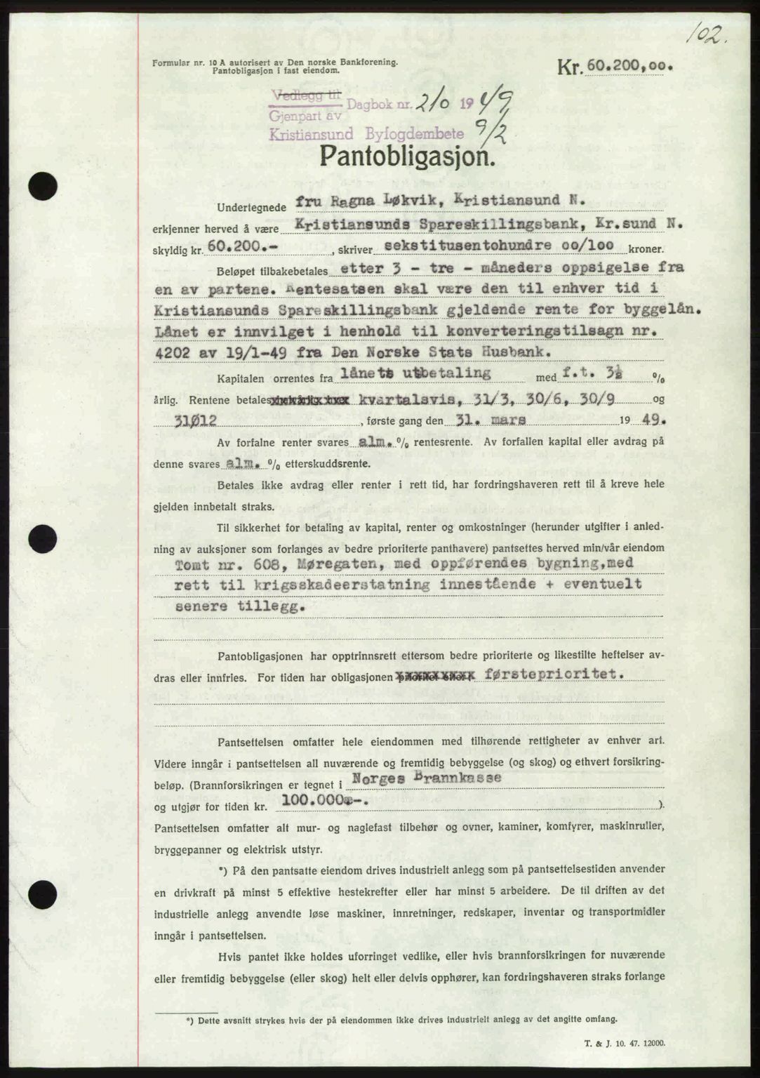 Kristiansund byfogd, AV/SAT-A-4587/A/27: Mortgage book no. 45, 1948-1949, Diary no: : 210/1949