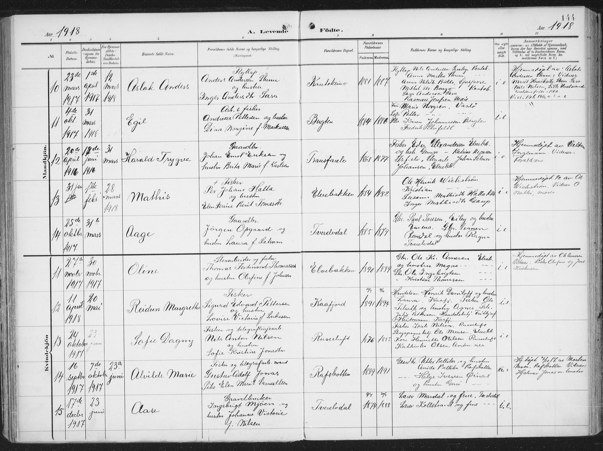 Alta sokneprestkontor, AV/SATØ-S-1338/H/Ha/L0005.kirke: Parish register (official) no. 5, 1904-1918, p. 144