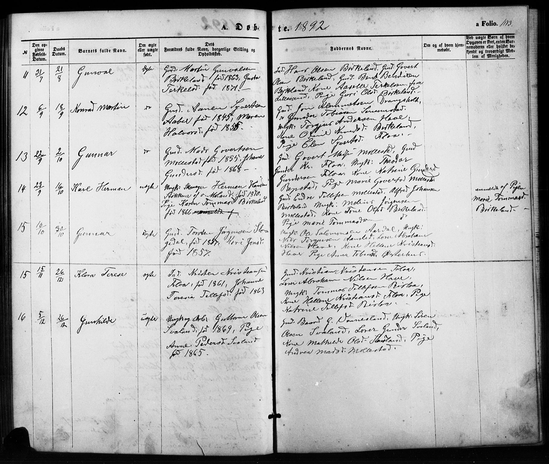 Birkenes sokneprestkontor, SAK/1111-0004/F/Fb/L0003: Parish register (copy) no. B 3, 1876-1892, p. 103