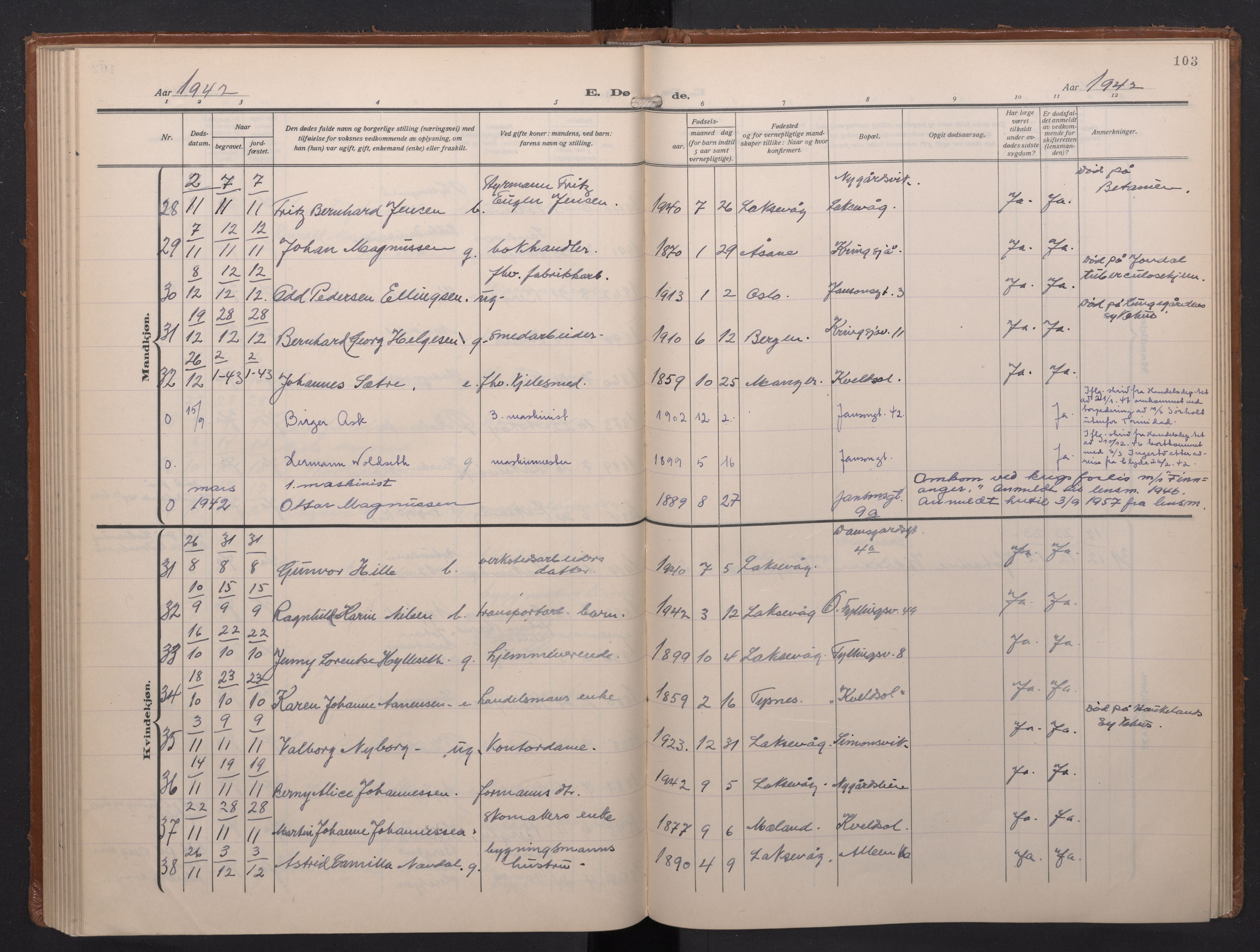 Laksevåg Sokneprestembete, SAB/A-76501/H/Ha/Haa/Haae/L0001: Parish register (official) no. E 1, 1924-1950, p. 103