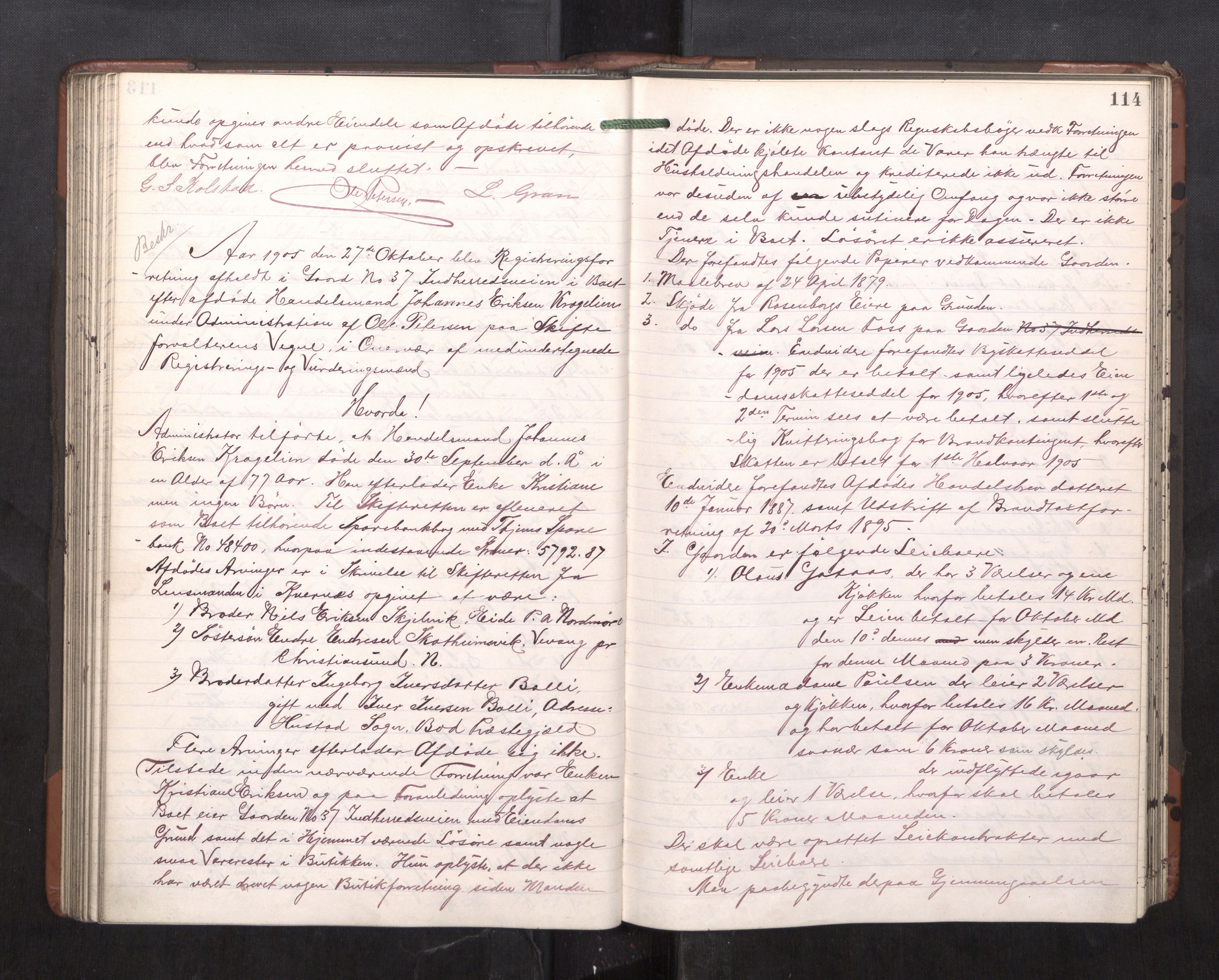 Trondheim byfogd, AV/SAT-A-0003/1/3/3C/L0023: Skifteregistreringsprotokoll - 11/2-15/5. (u/ register), 1905-1907, p. 114