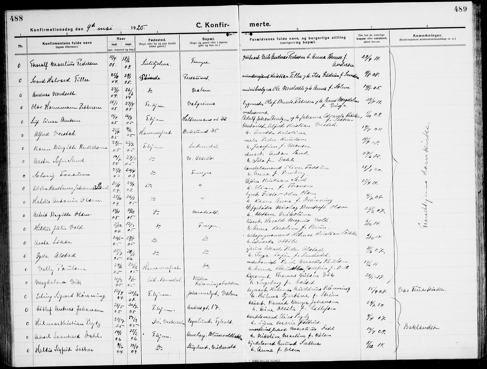 Ministerialprotokoller, klokkerbøker og fødselsregistre - Sør-Trøndelag, SAT/A-1456/607/L0321: Parish register (official) no. 607A05, 1916-1935, p. 488-489