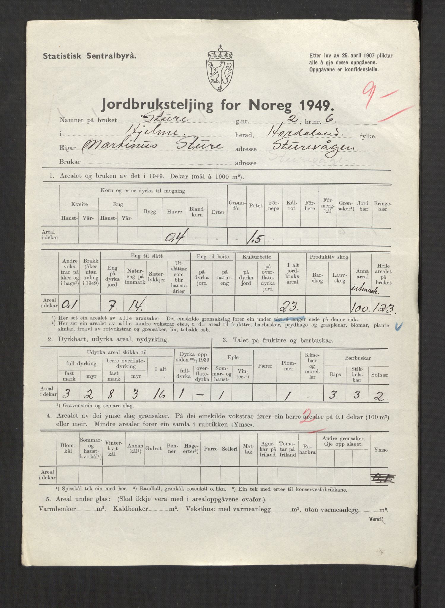 Statistisk sentralbyrå, Næringsøkonomiske emner, Jordbruk, skogbruk, jakt, fiske og fangst, AV/RA-S-2234/G/Gc/L0276: Hordaland: Herdla og Hjelme, 1949, p. 1340