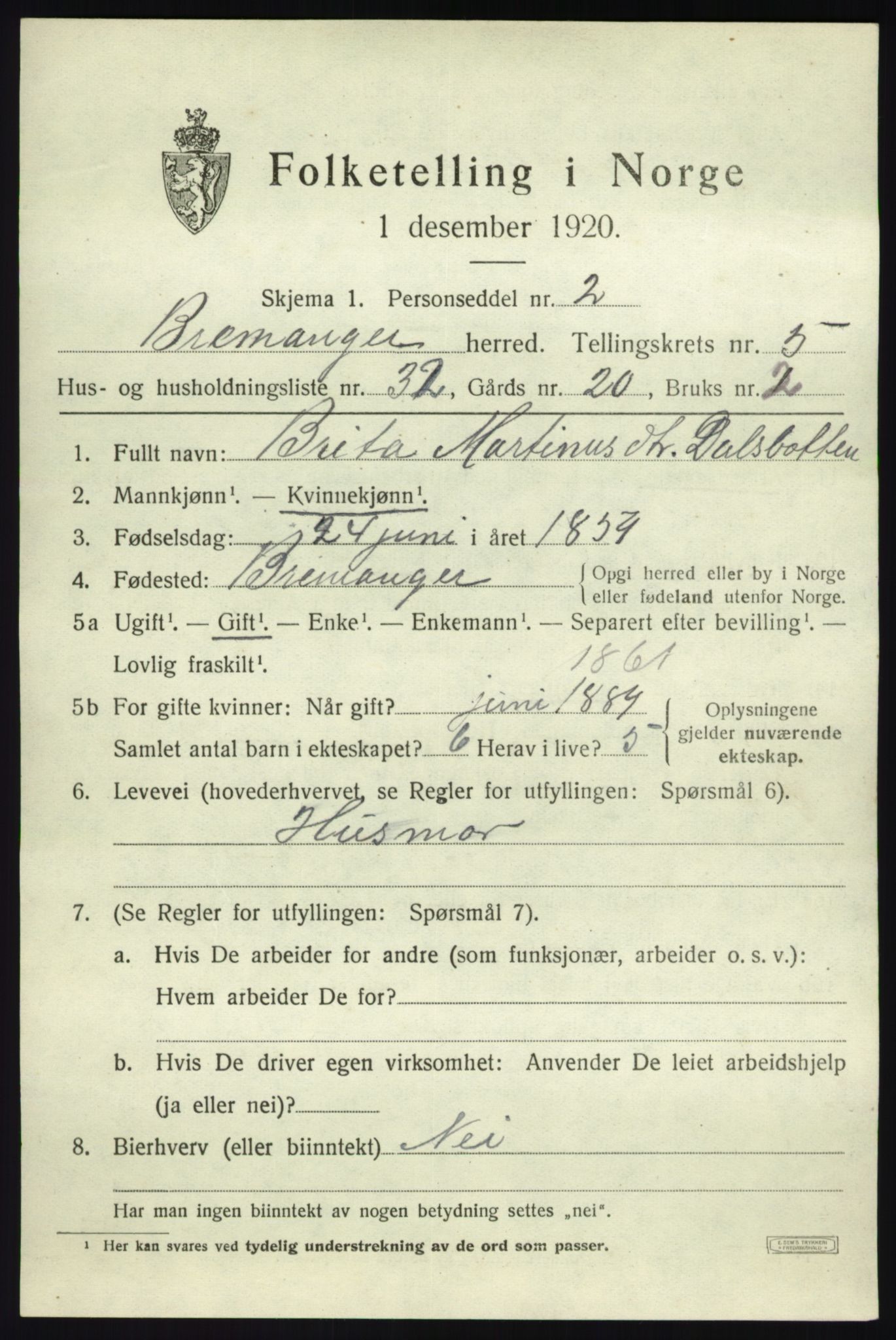 SAB, 1920 census for Bremanger, 1920, p. 3986