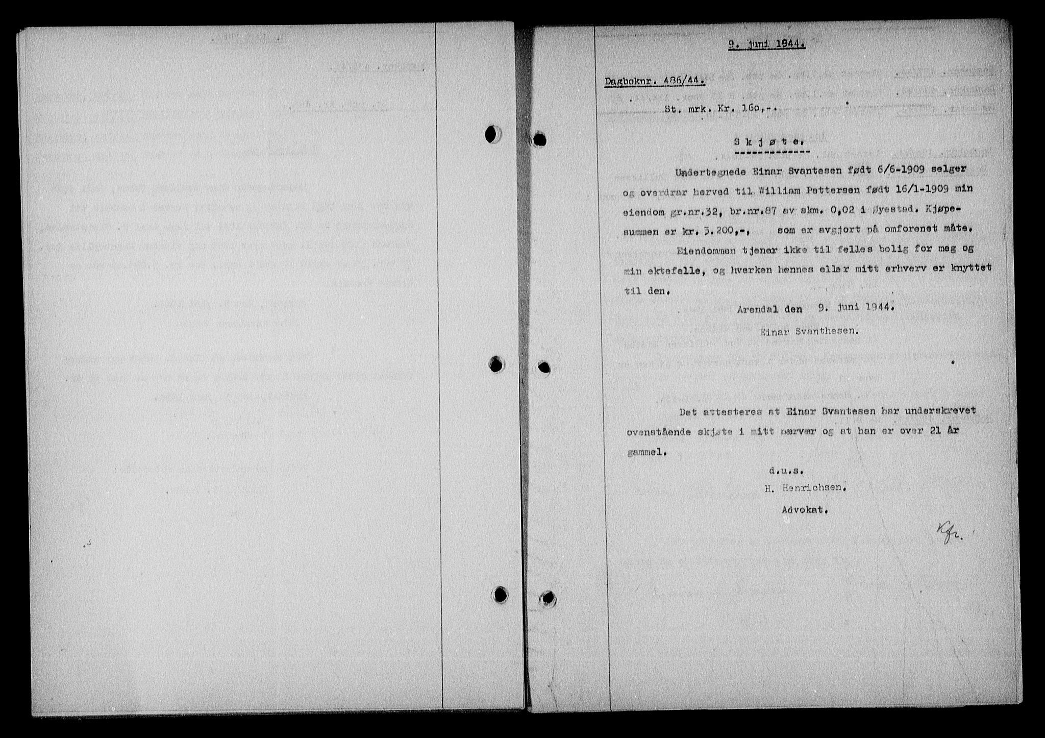 Nedenes sorenskriveri, SAK/1221-0006/G/Gb/Gba/L0051: Mortgage book no. A-V, 1943-1944, Diary no: : 486/1944