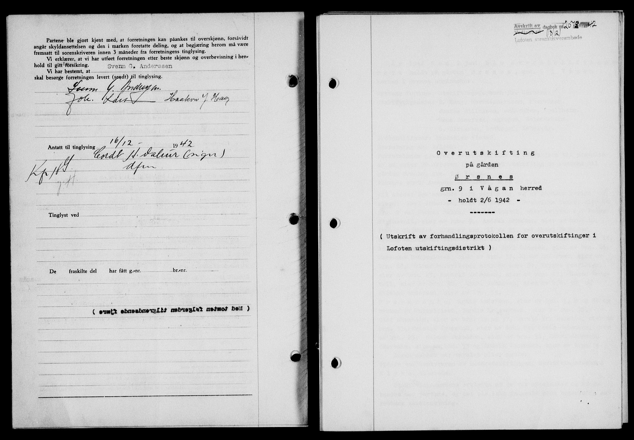 Lofoten sorenskriveri, SAT/A-0017/1/2/2C/L0010a: Mortgage book no. 10a, 1942-1943, Diary no: : 2073/1942