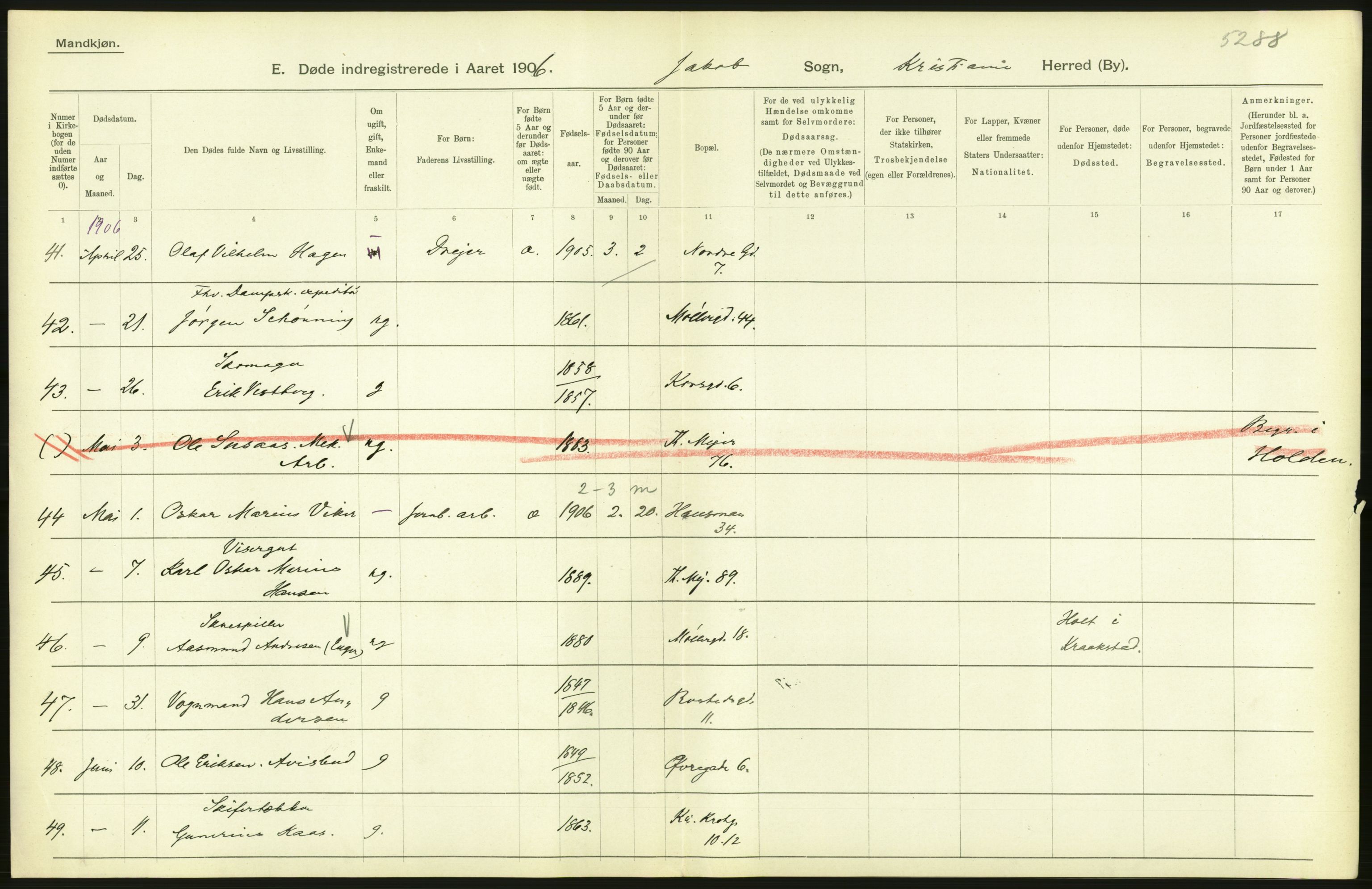 Statistisk sentralbyrå, Sosiodemografiske emner, Befolkning, AV/RA-S-2228/D/Df/Dfa/Dfad/L0009: Kristiania: Døde, 1906, p. 106