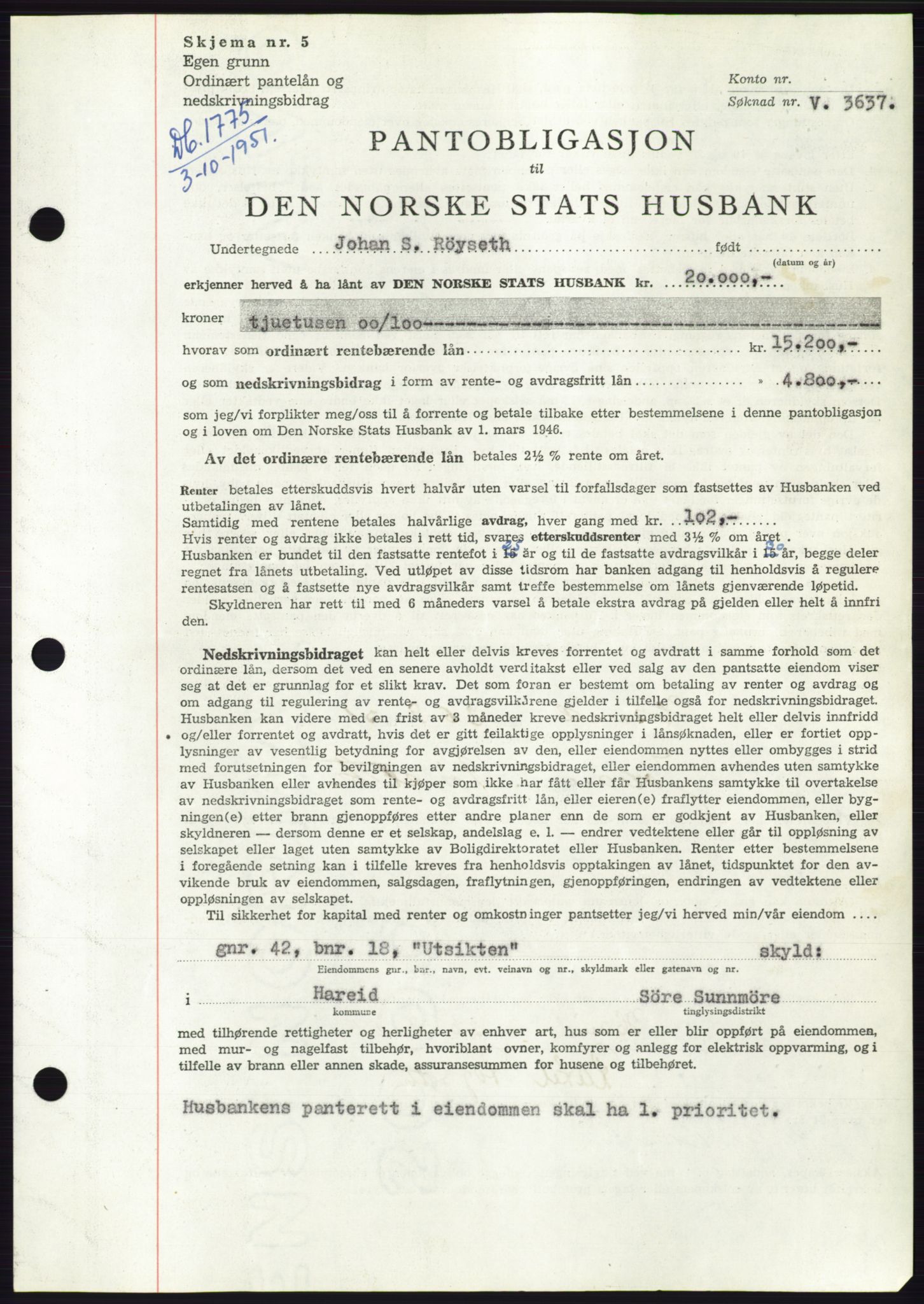 Søre Sunnmøre sorenskriveri, AV/SAT-A-4122/1/2/2C/L0120: Mortgage book no. 8B, 1951-1951, Diary no: : 1775/1951