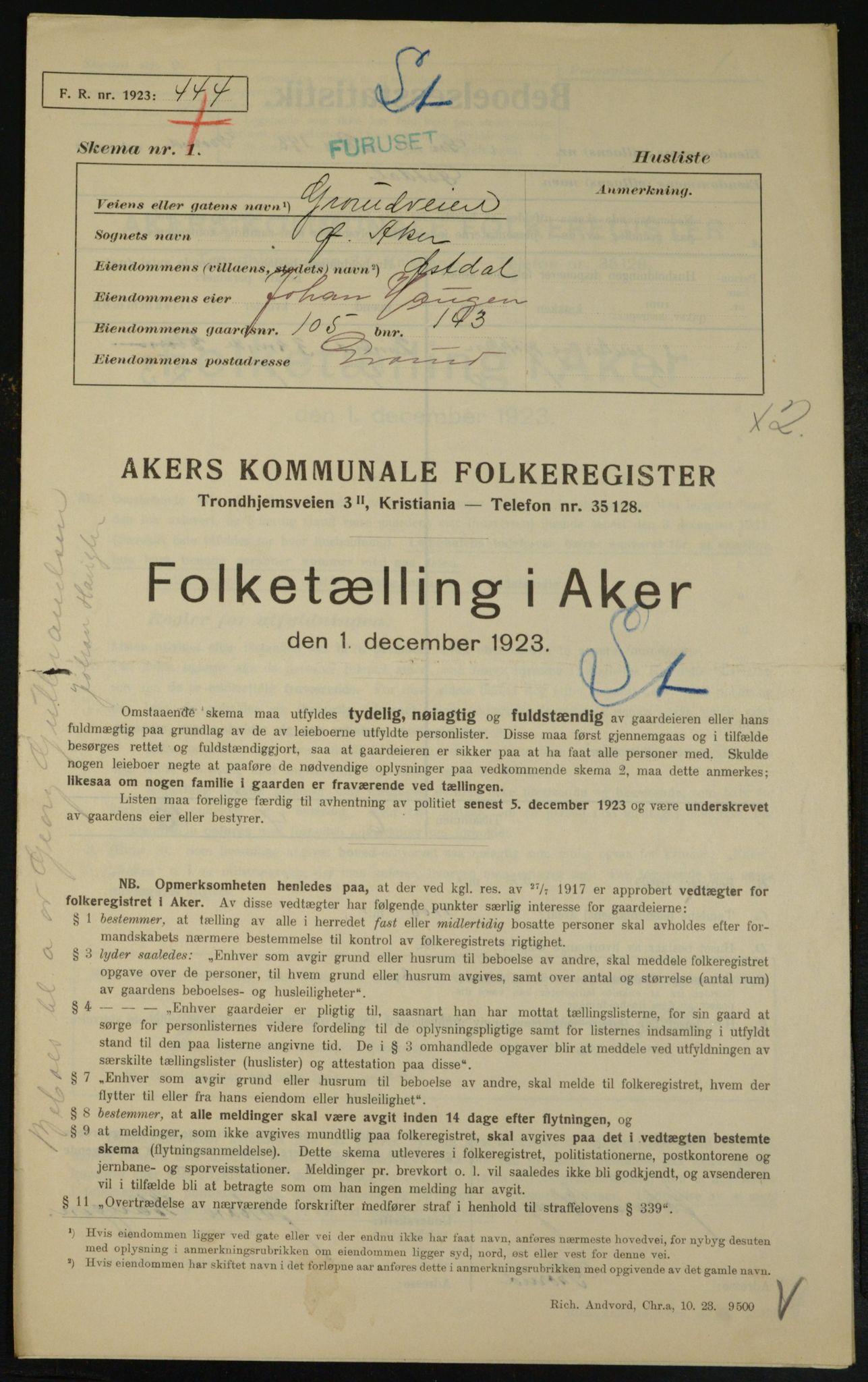 , Municipal Census 1923 for Aker, 1923, p. 25321