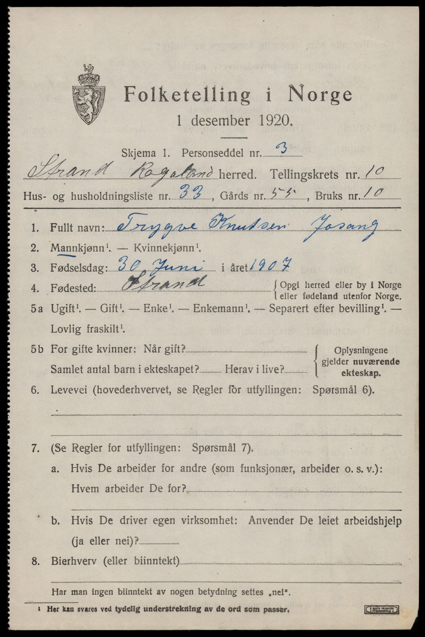 SAST, 1920 census for Strand, 1920, p. 7025